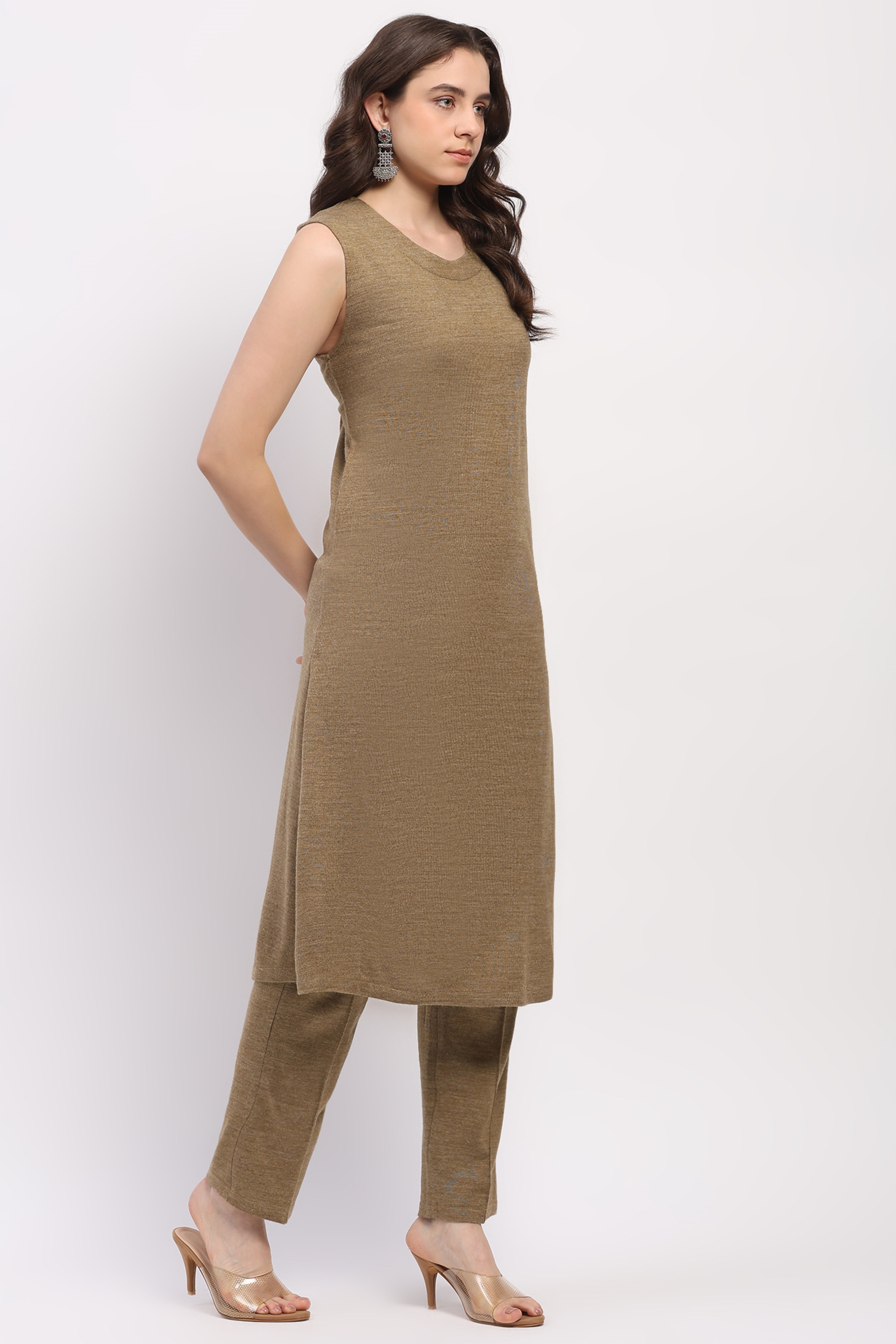 Maroon Embroidered Shrug & Beige Straight Kurta Winter Set