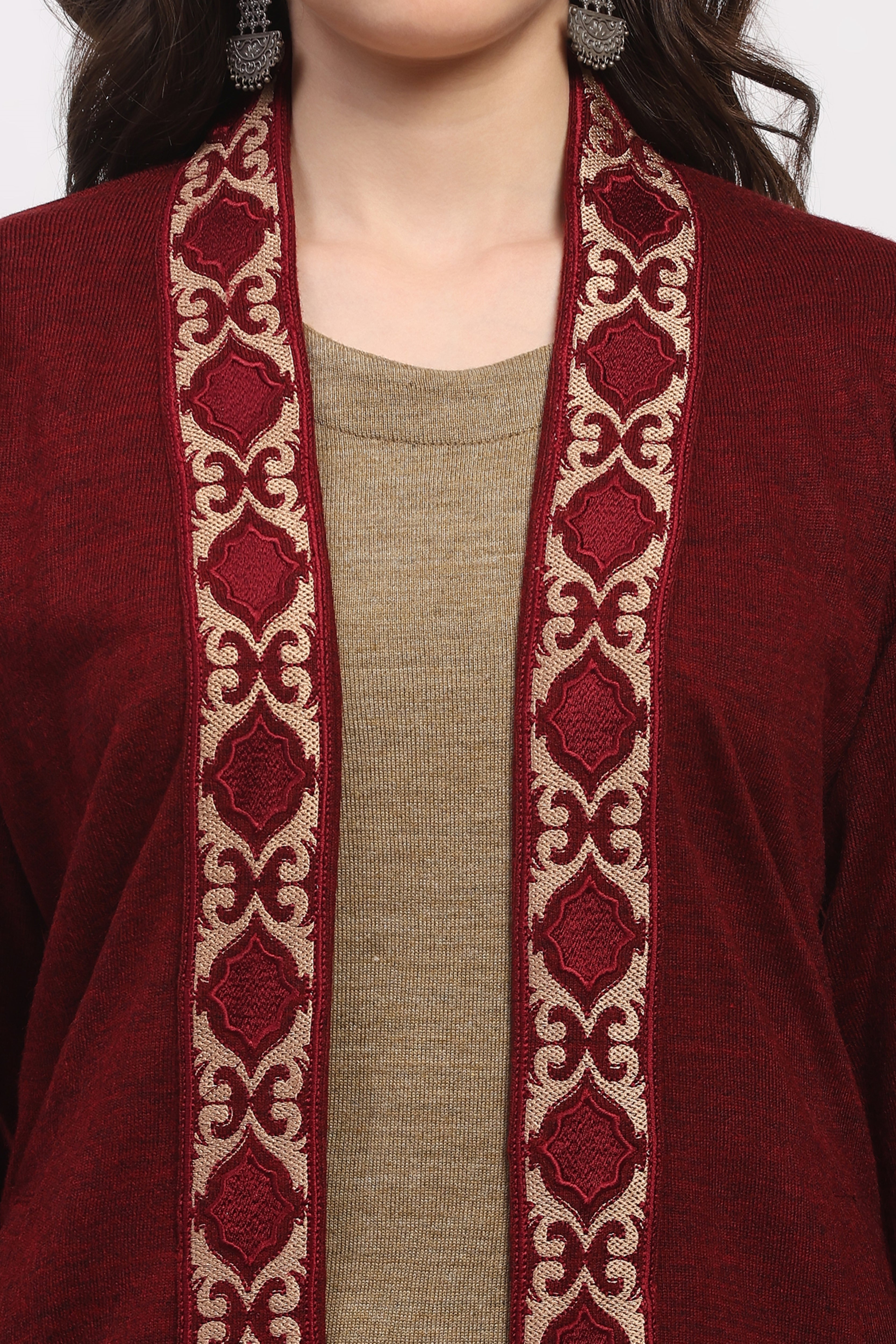 Maroon Embroidered Shrug & Beige Straight Kurta Winter Set