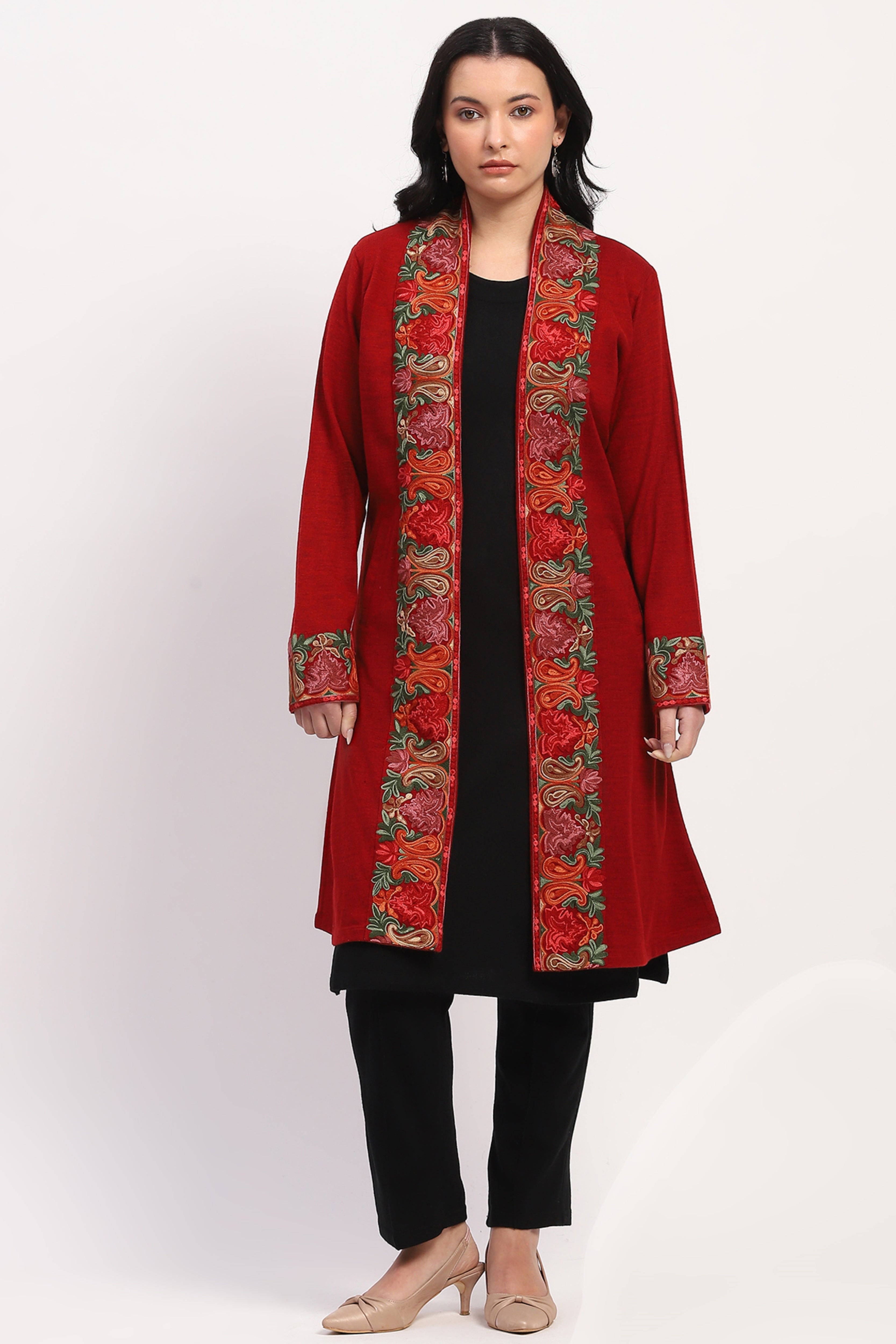 Maroon Embroidered Winter Ethnic Shrug