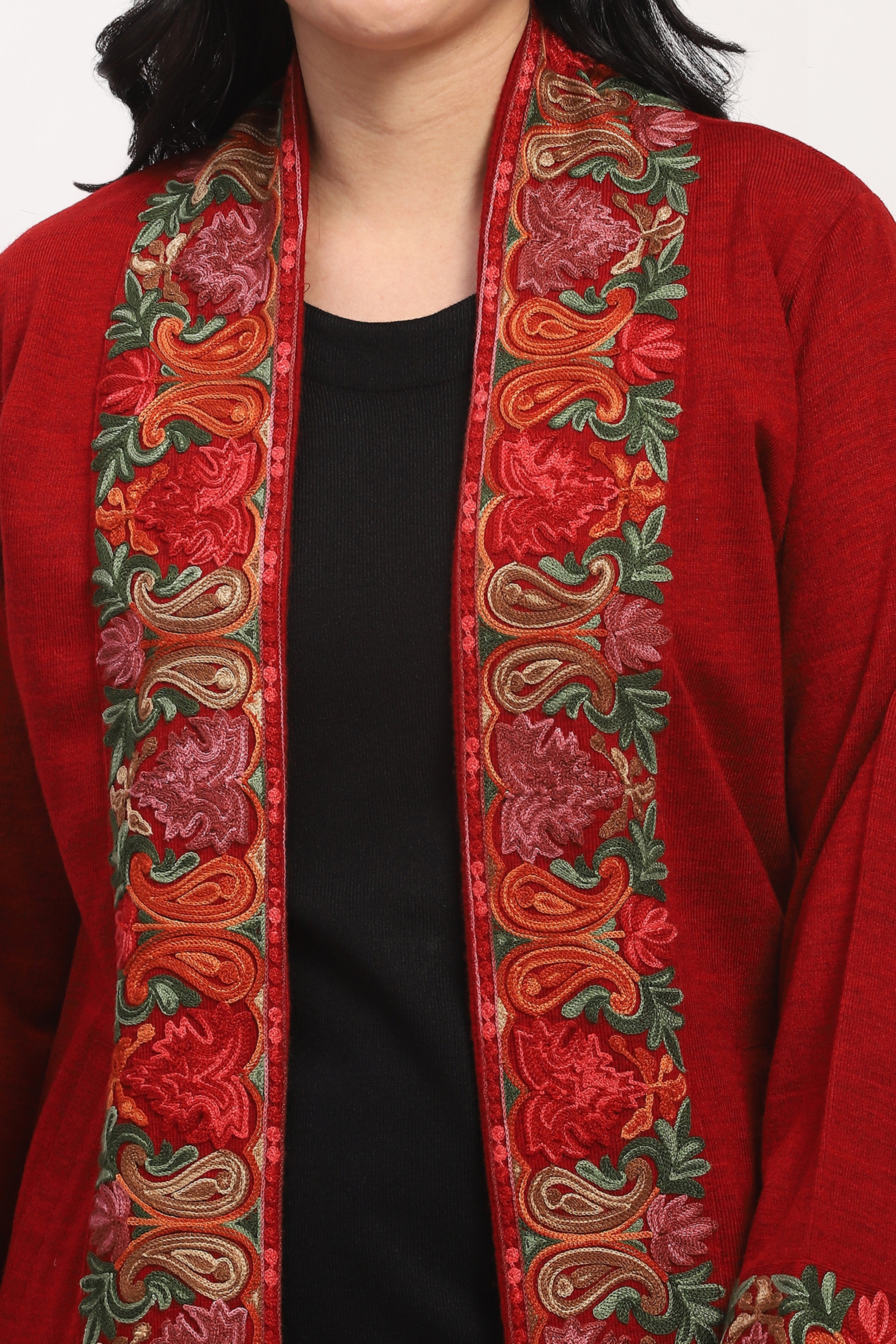 Maroon Embroidered Winter Ethnic Shrug