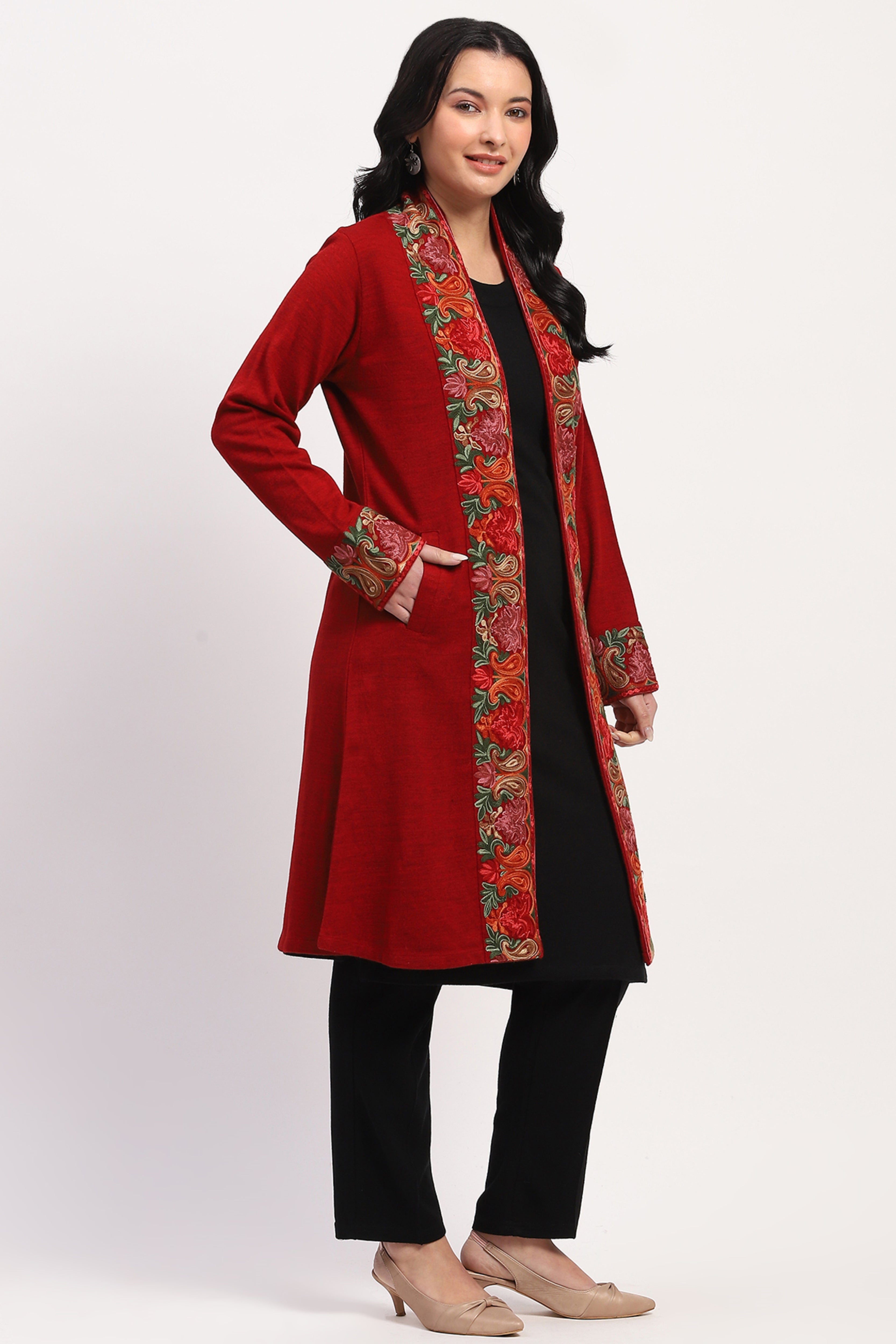 Maroon Embroidered Winter Ethnic Shrug