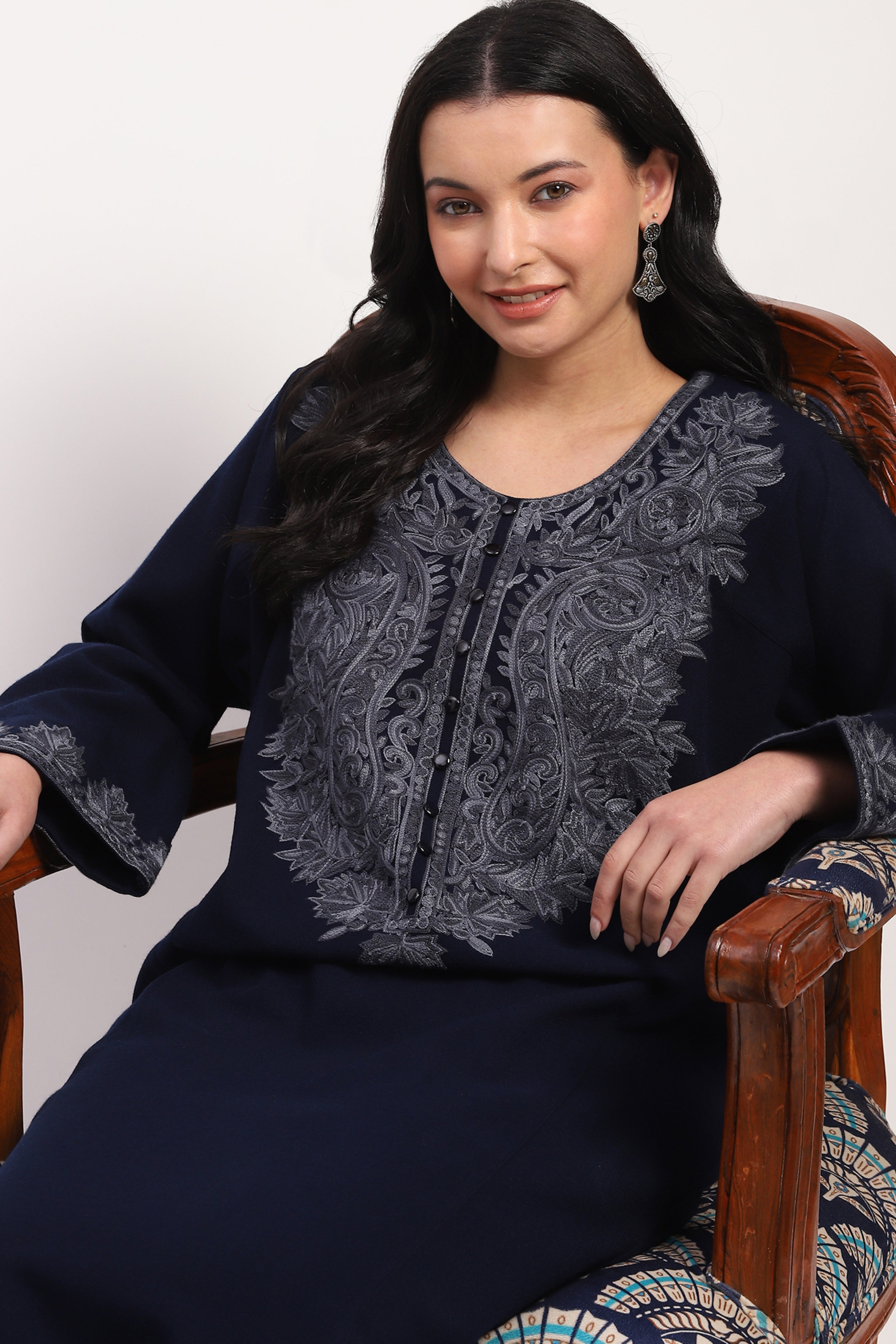 Navy Embroidered Winter Pheran