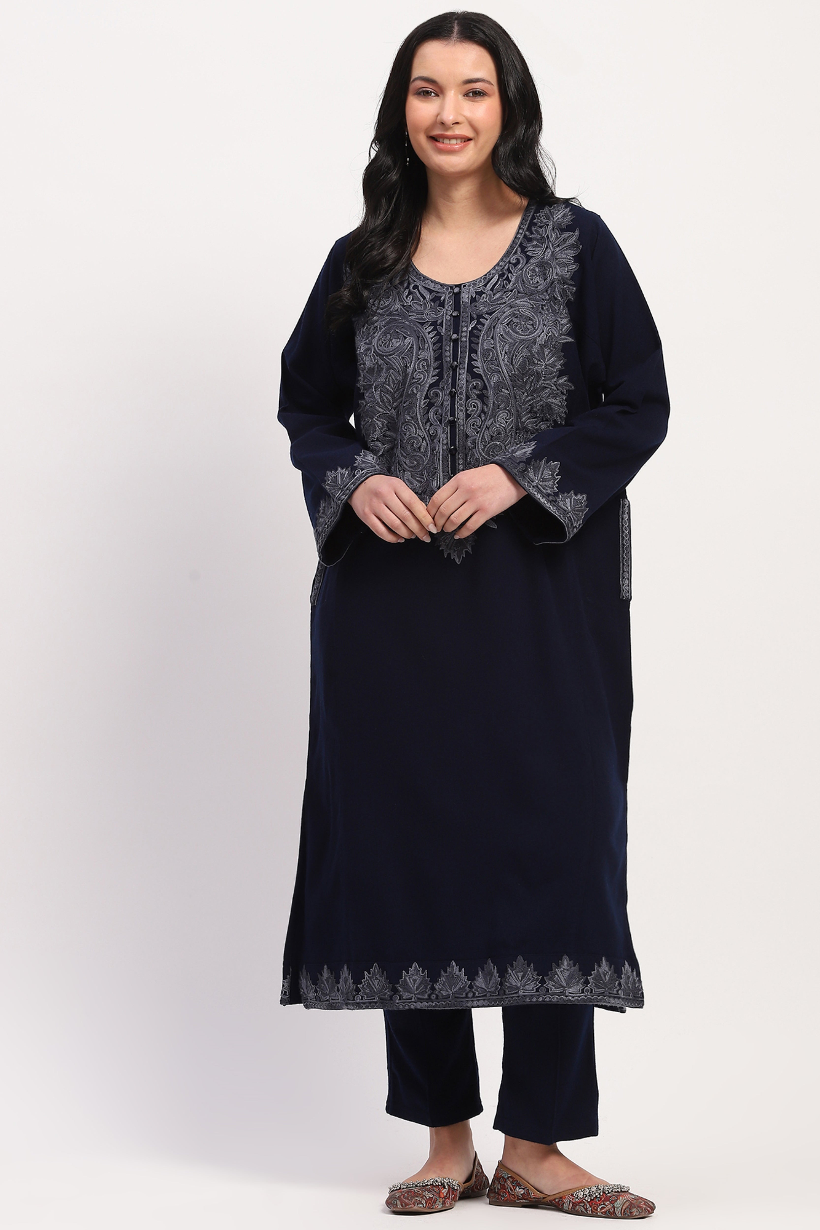 Navy Embroidered Winter Pheran