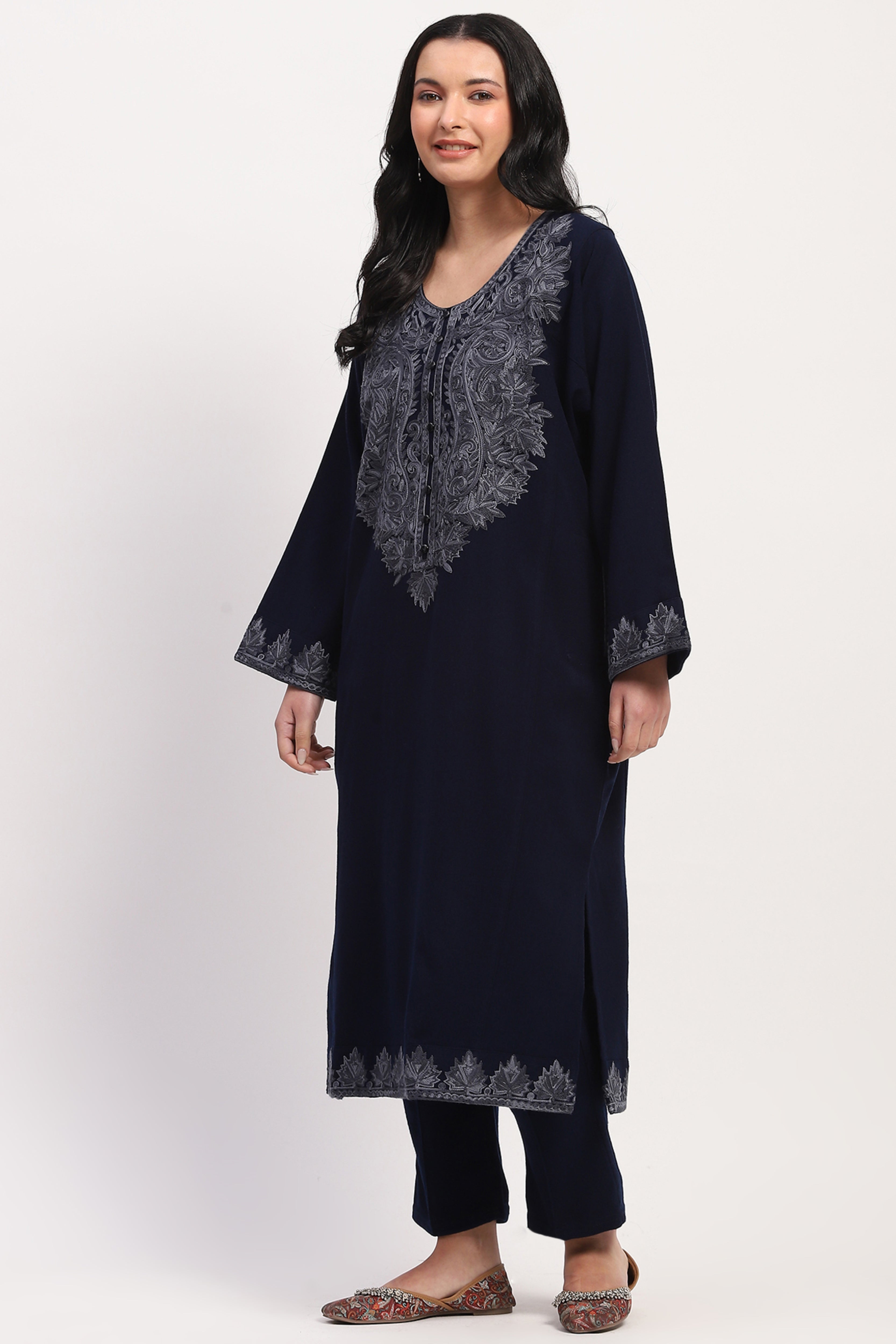 Navy Embroidered Winter Pheran