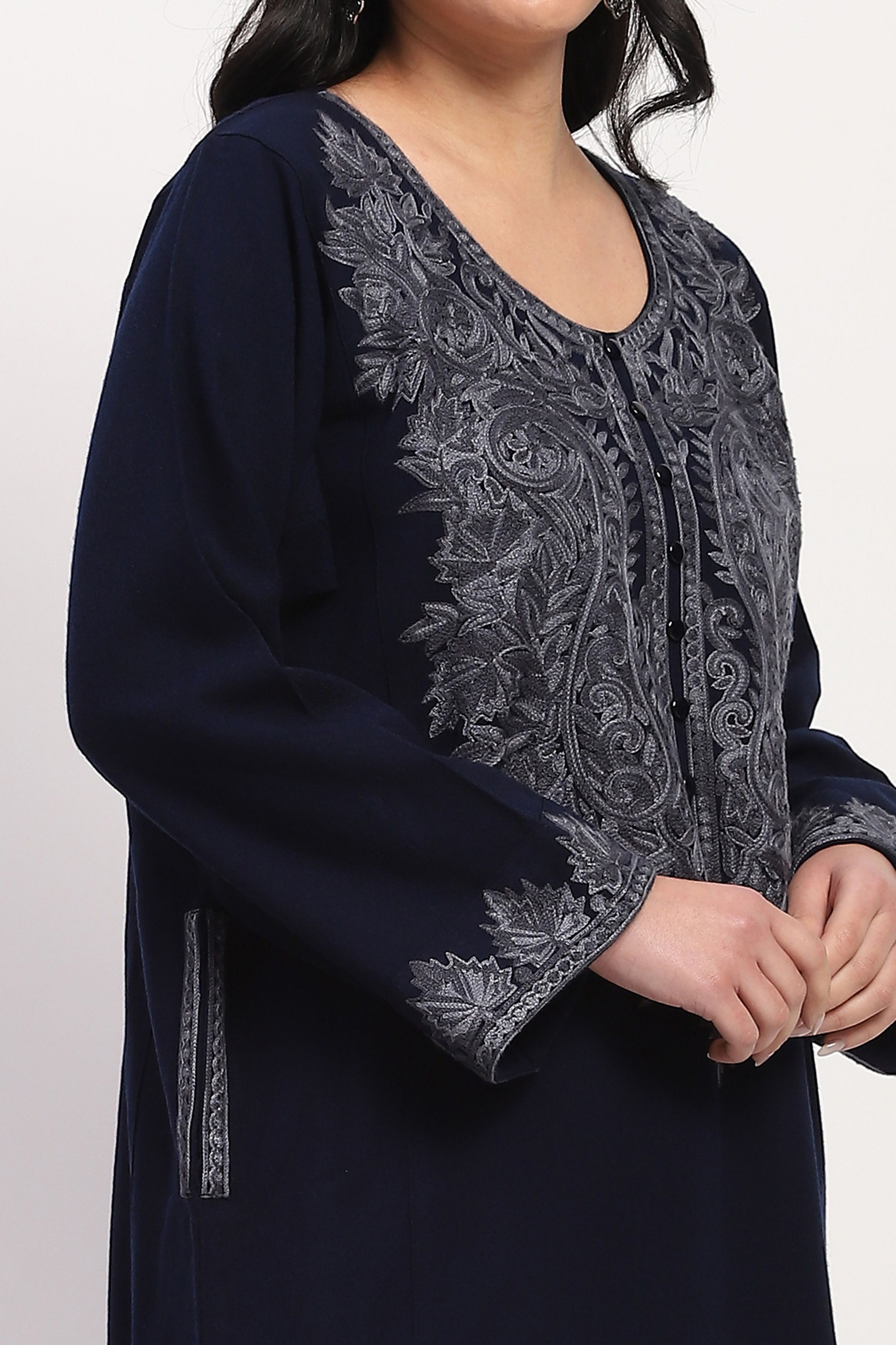 Navy Embroidered Winter Pheran