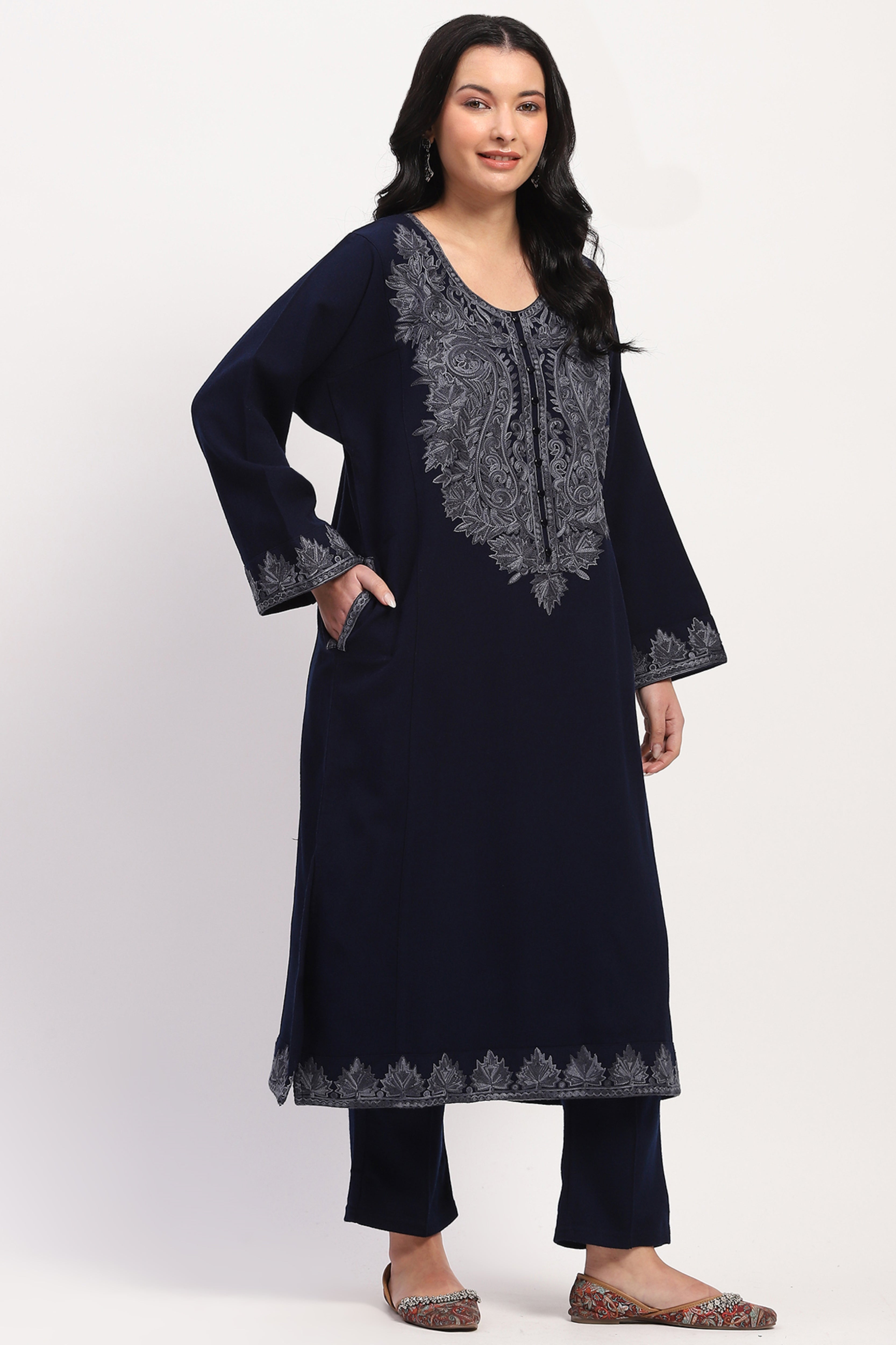 Navy Embroidered Winter Pheran