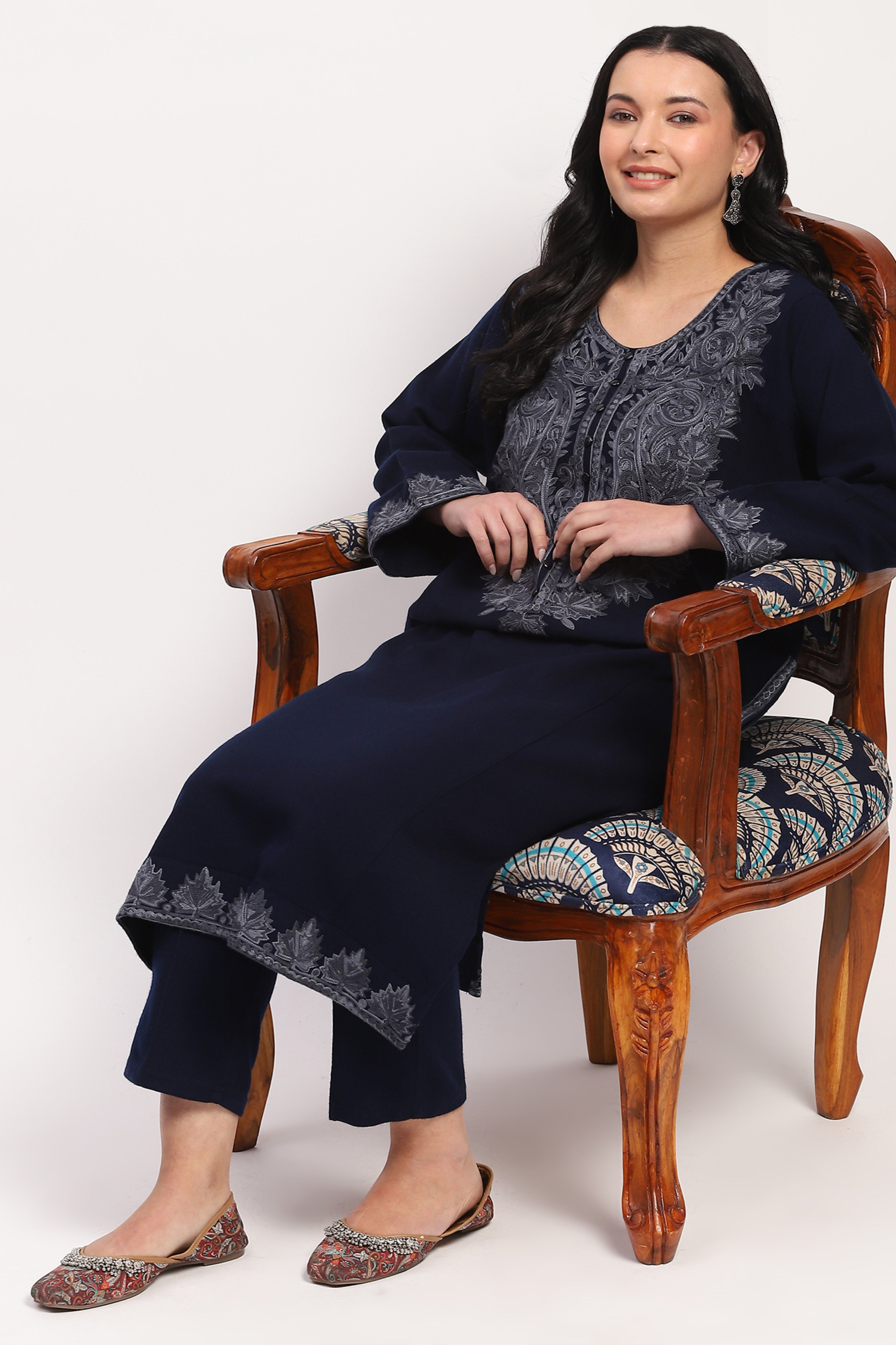Navy Embroidered Winter Pheran