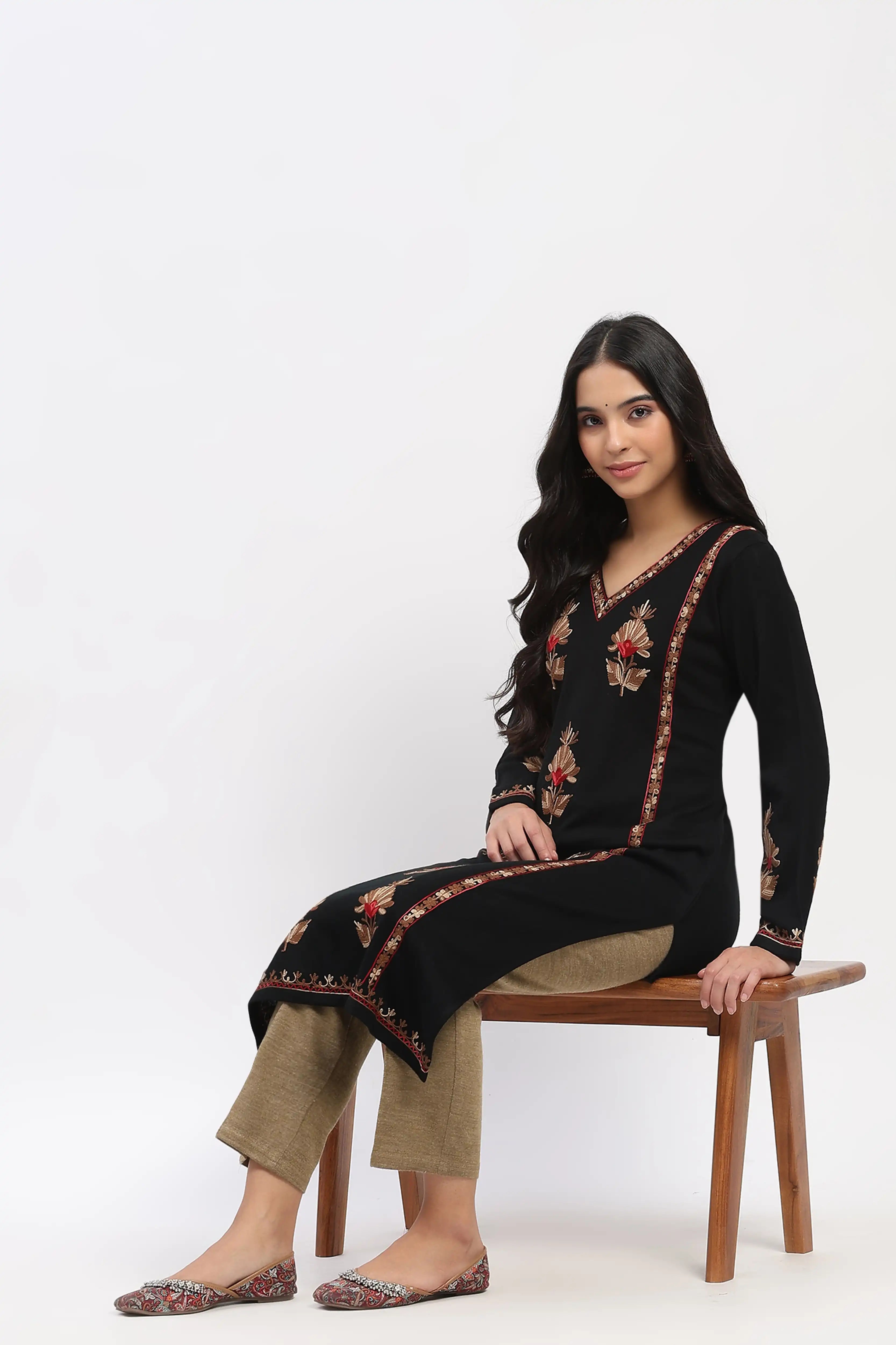 Black Embroidered Winter Kurta