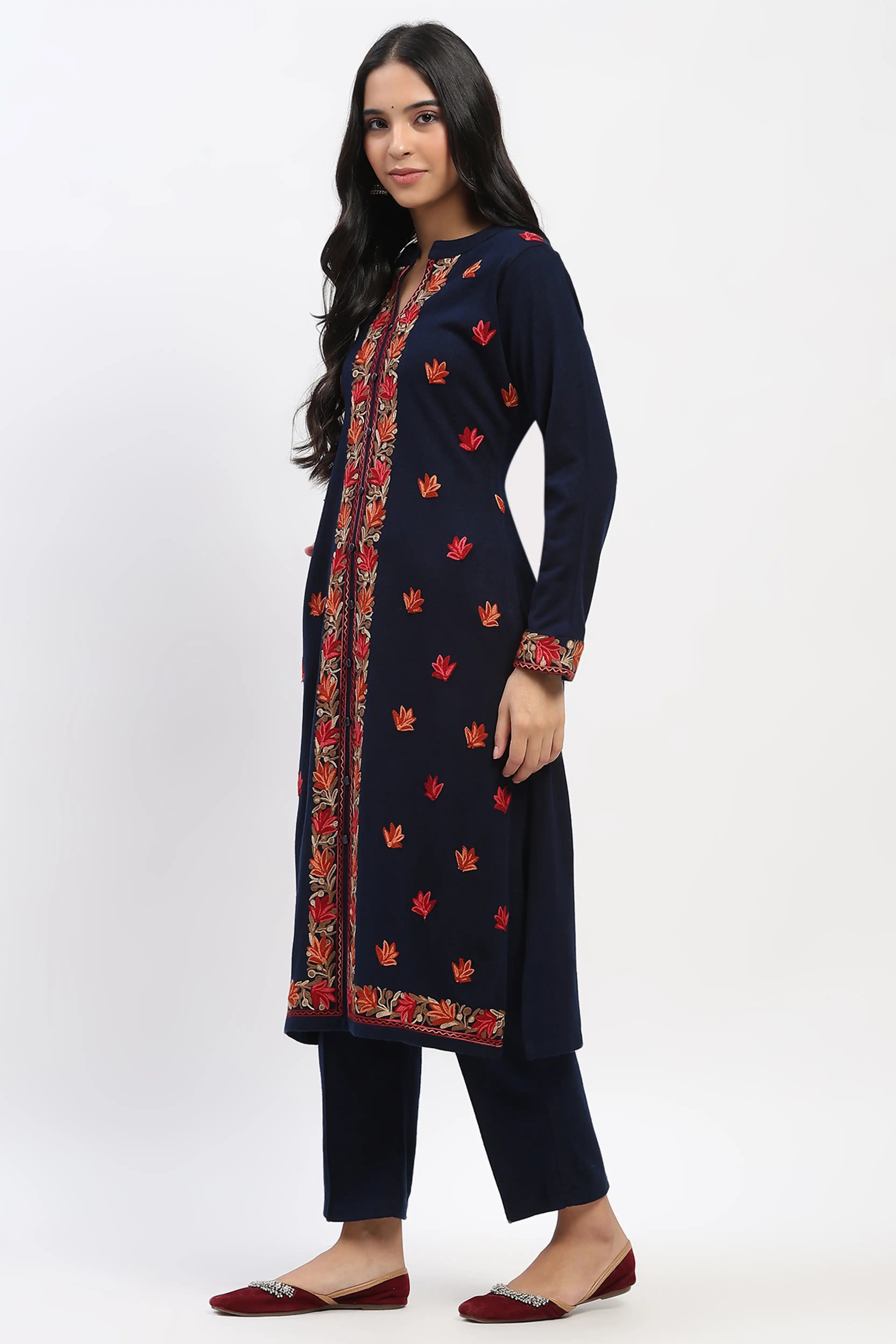 Navy Floral Embroidered Winter Kurta