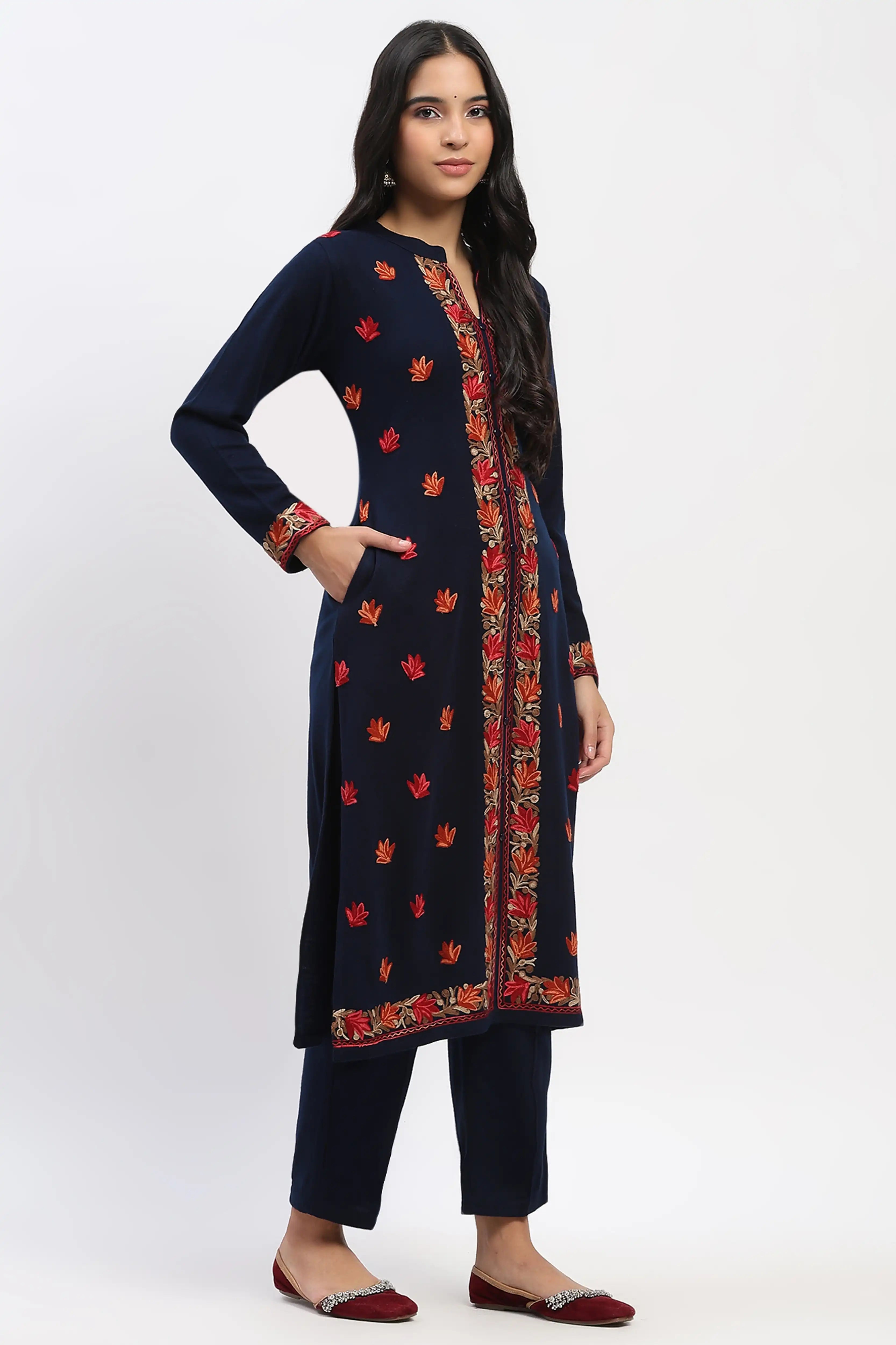 Navy Floral Embroidered Winter Kurta