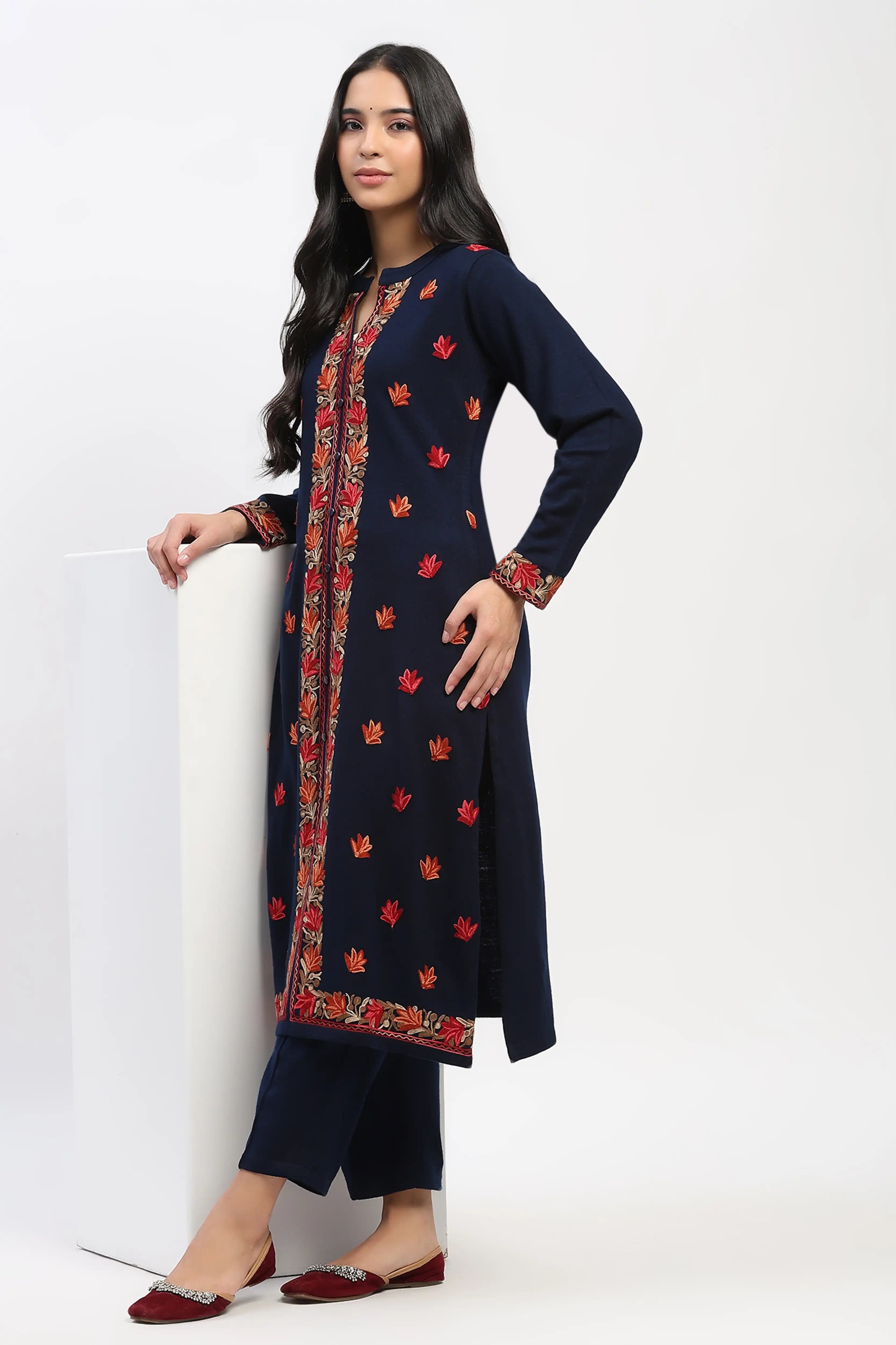 Navy Floral Embroidered Winter Kurta