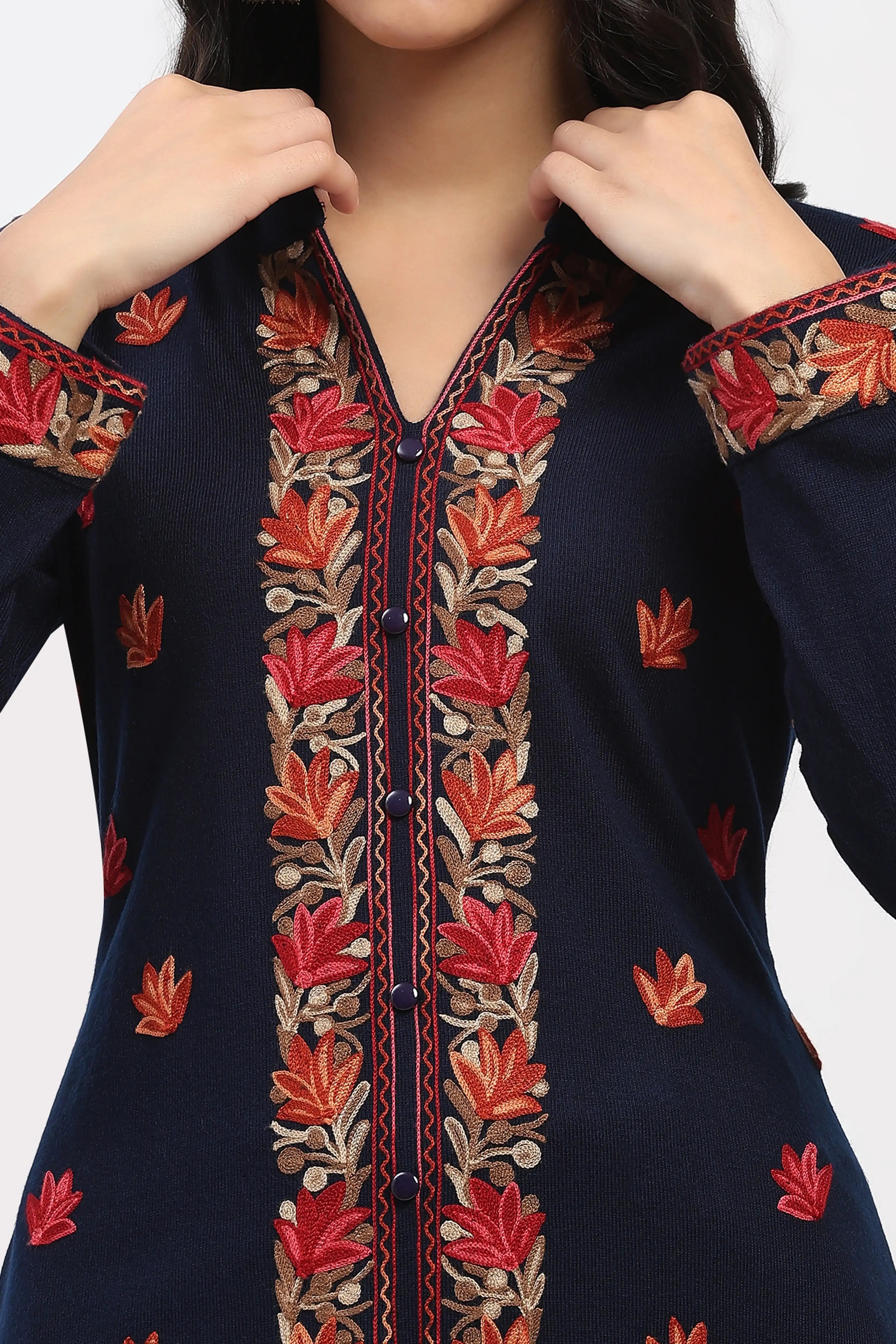Navy Floral Embroidered Winter Kurta