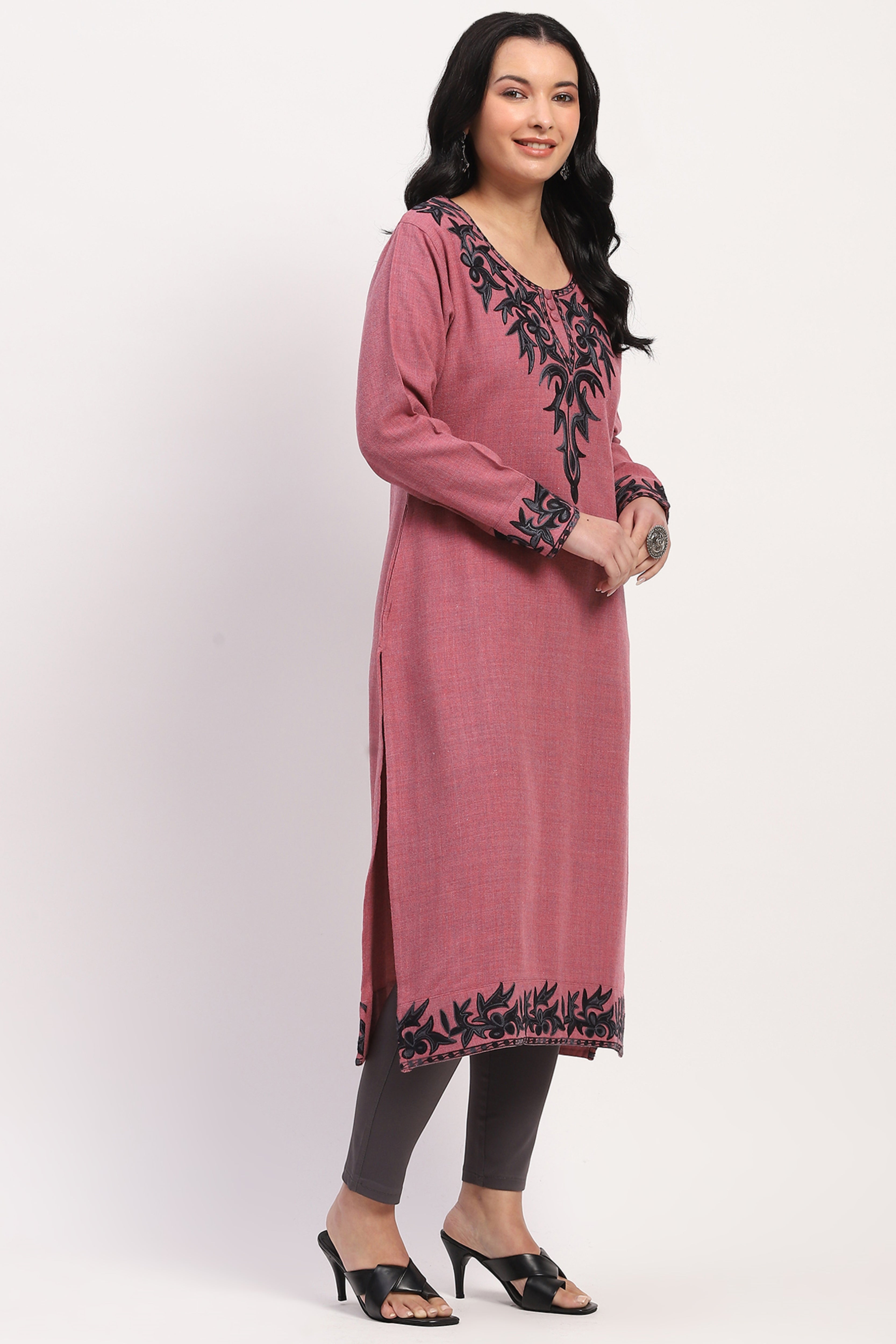 Pink Embroidered Winter Kurta