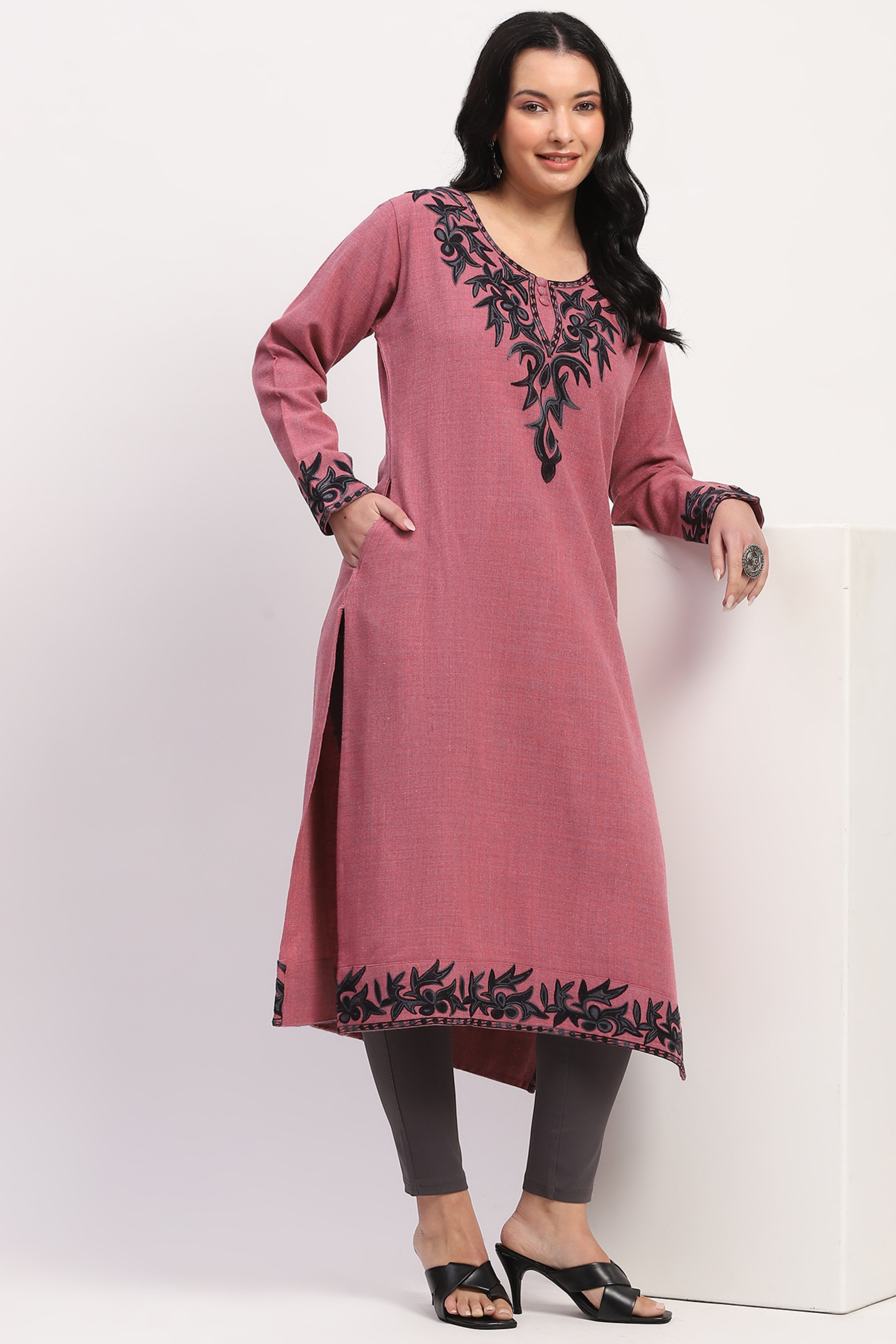 Pink Embroidered Winter Kurta