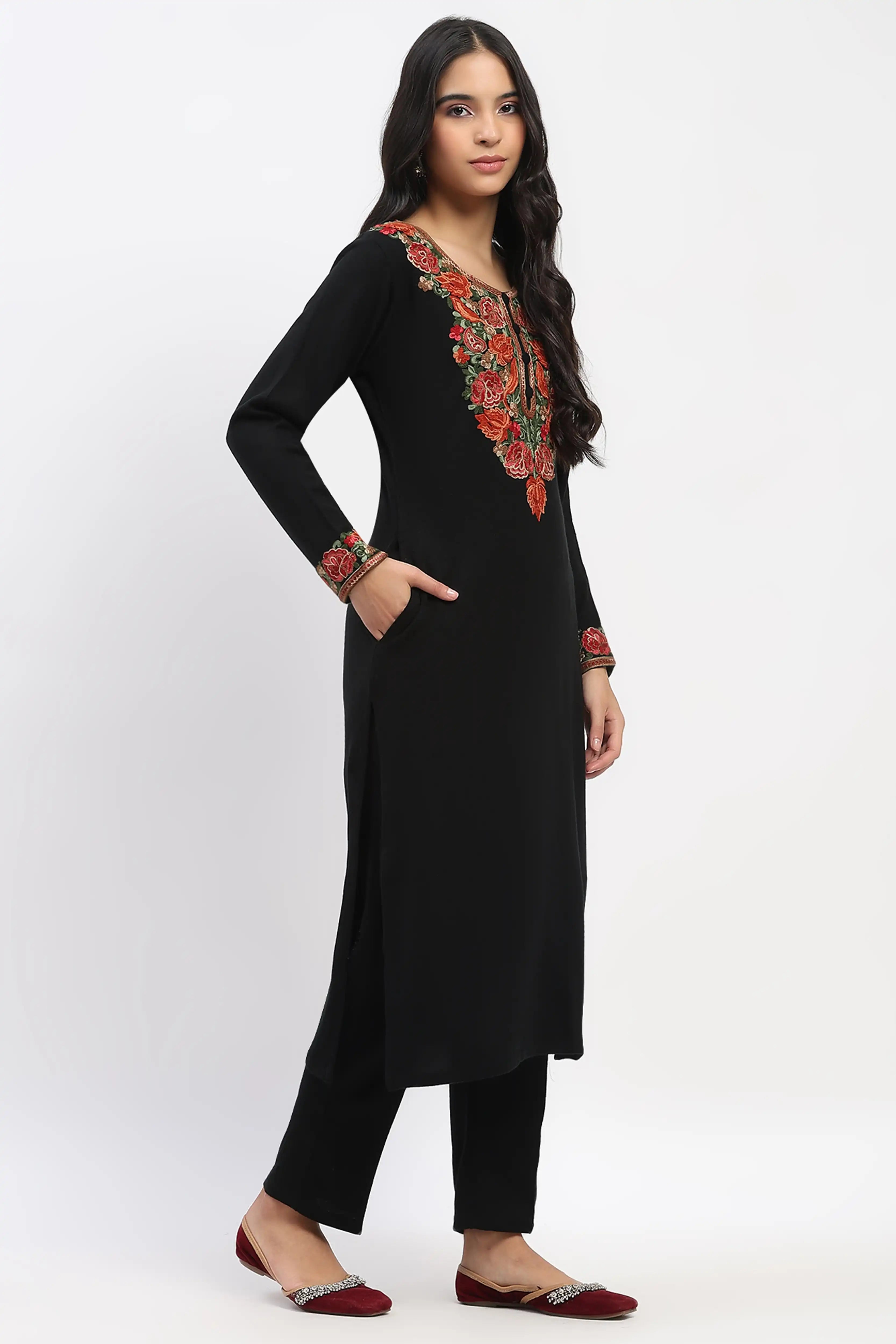 Black Floral Embroidered Winter Kurta