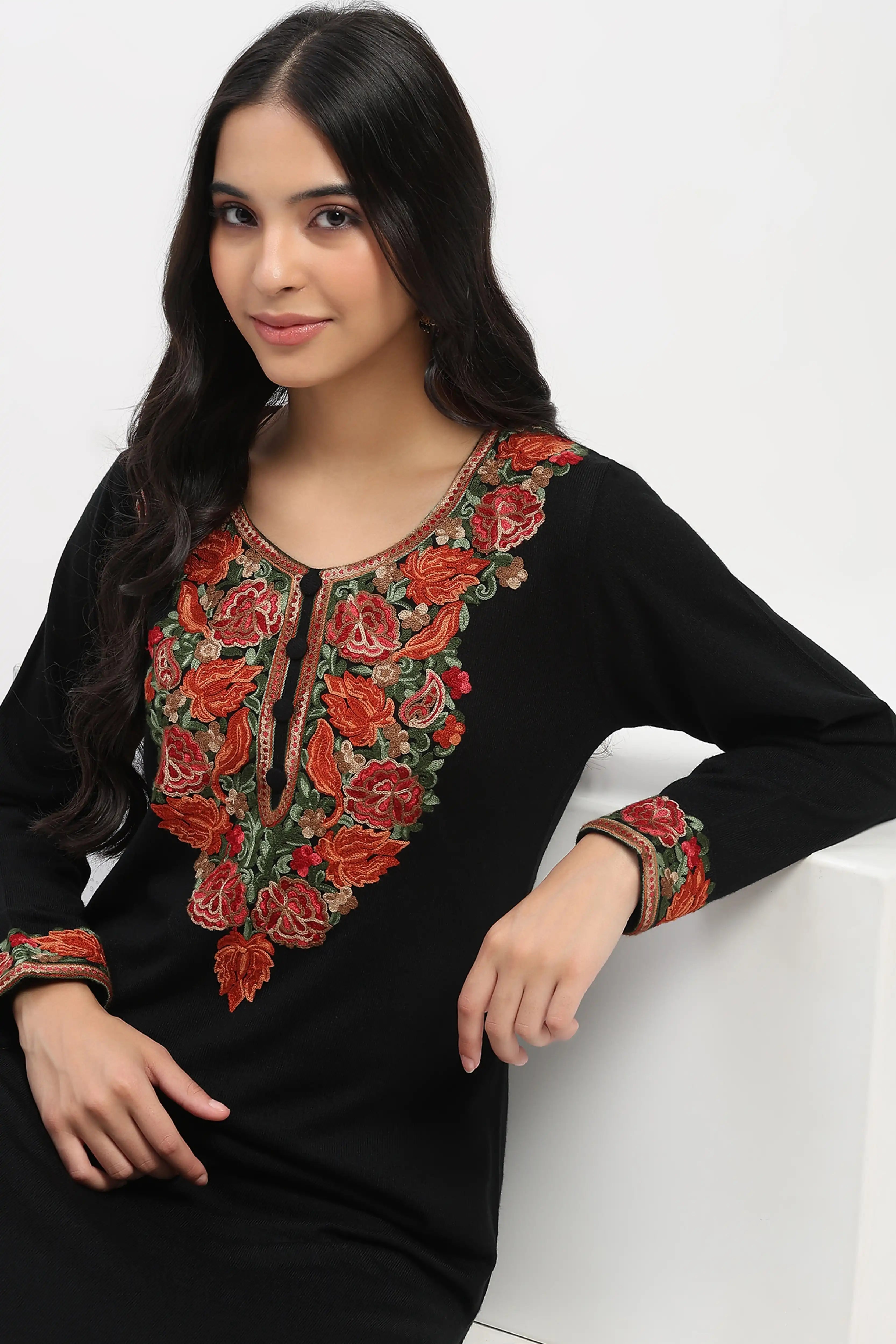 Black Floral Embroidered Winter Kurta
