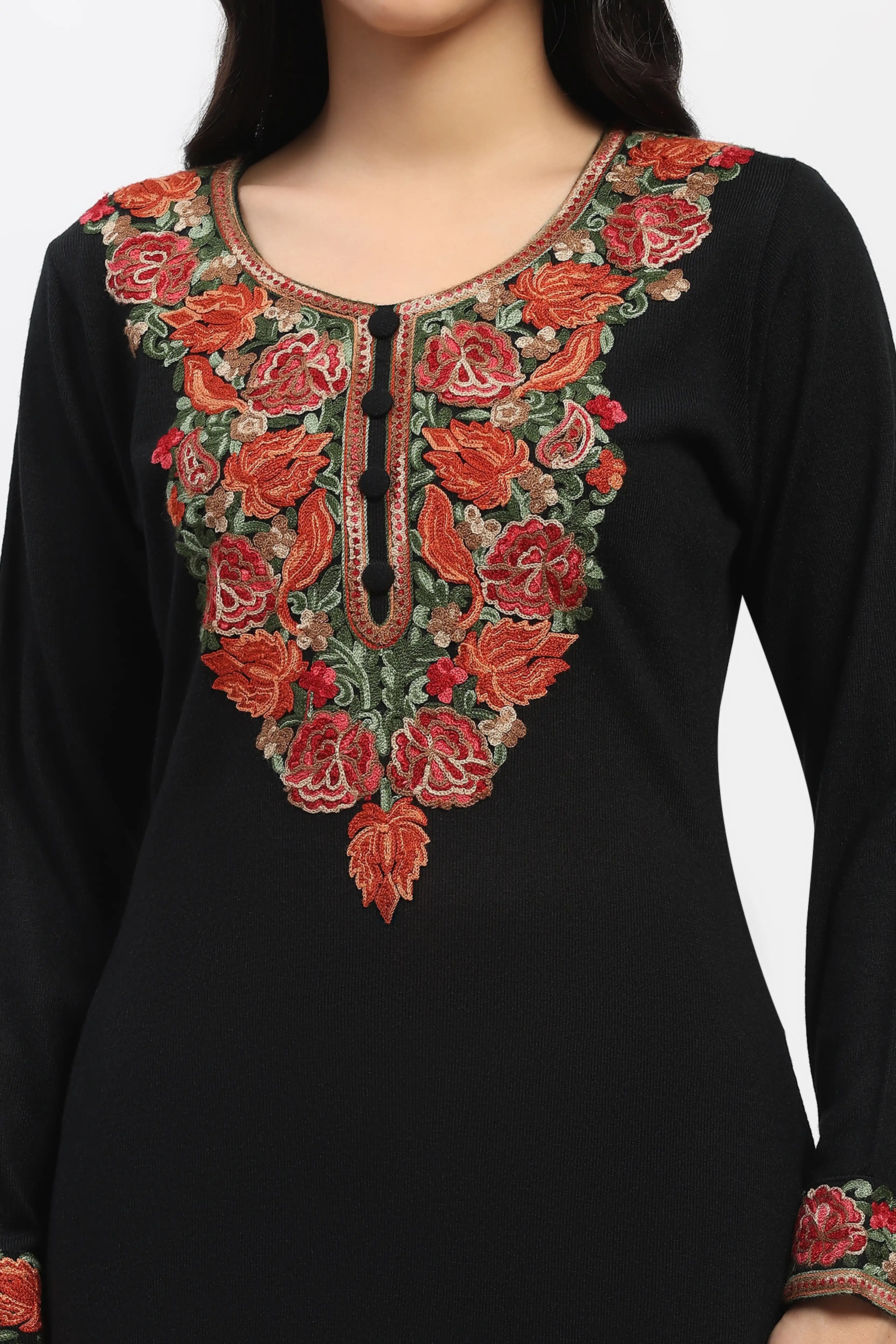 Black Floral Embroidered Winter Kurta