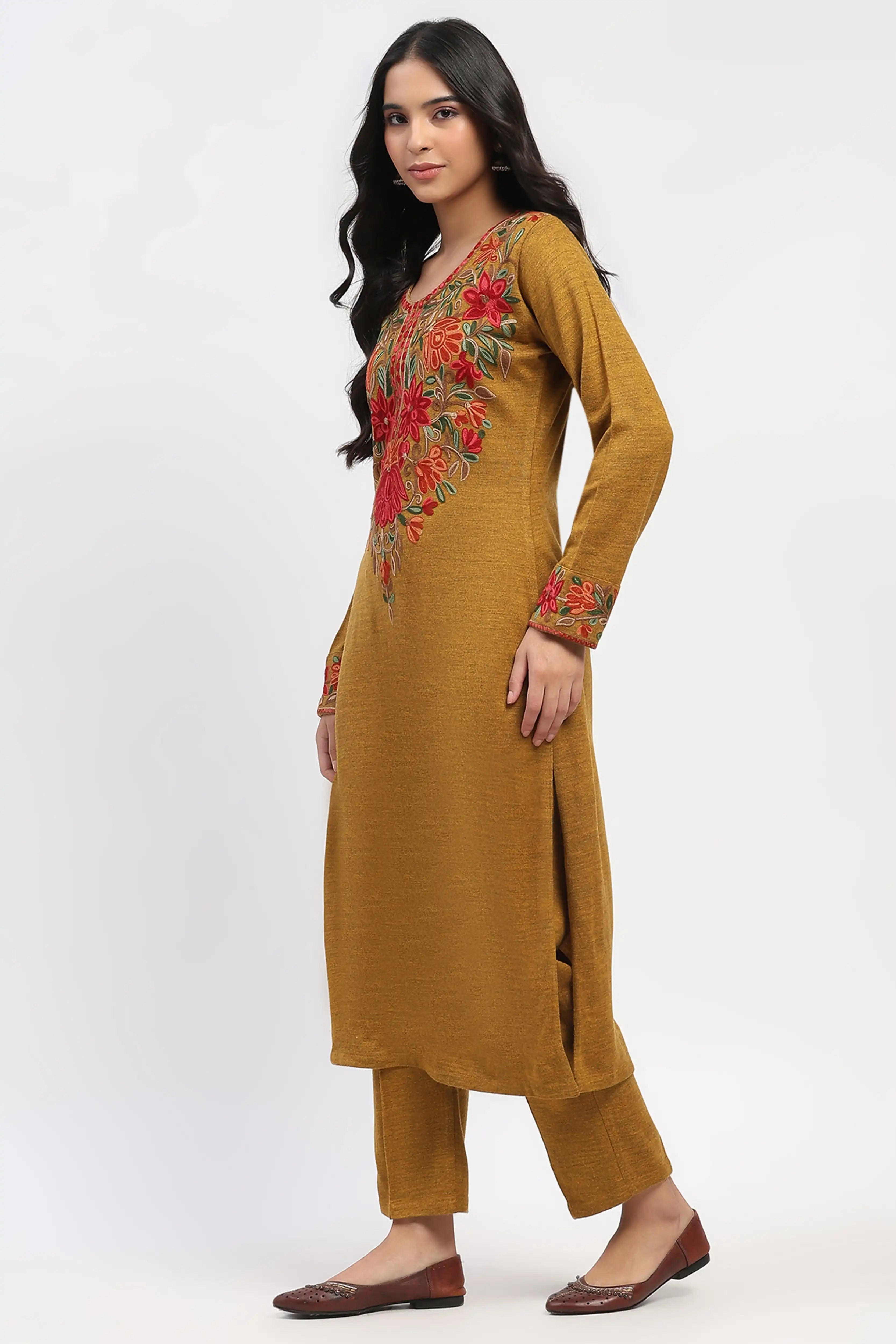 Mustard Floral Embroidered Winter Kurta