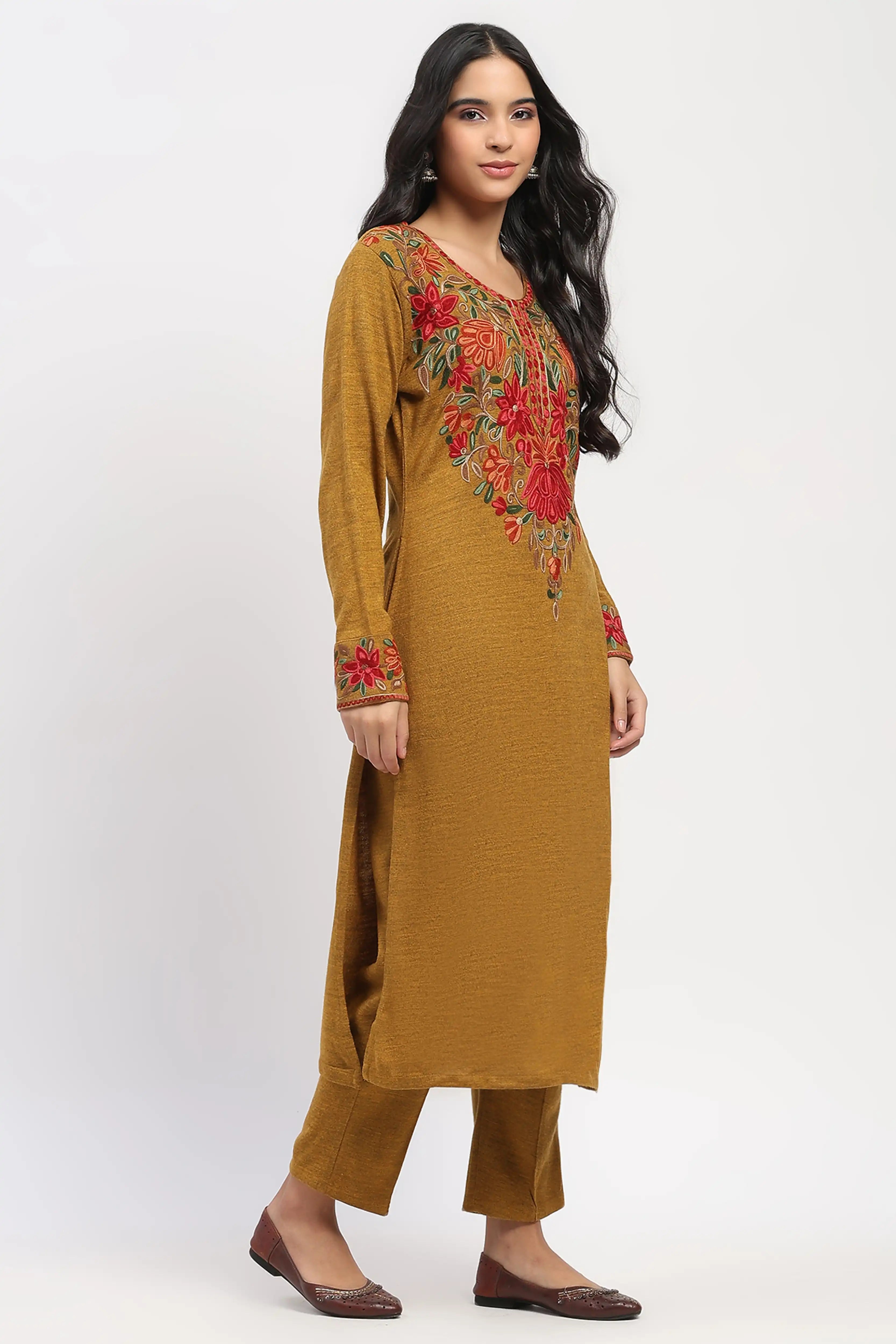 Mustard Floral Embroidered Winter Kurta