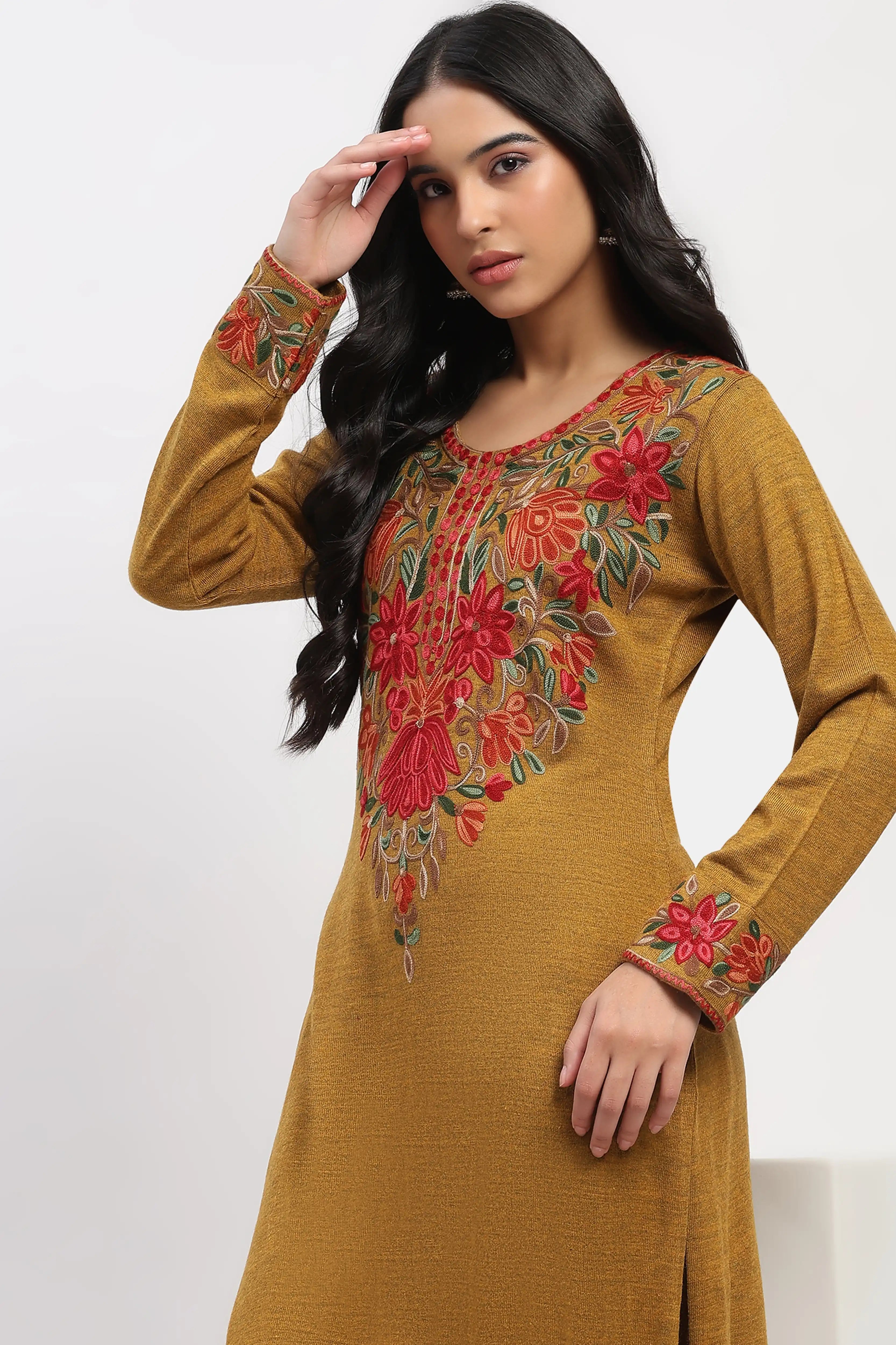 Mustard Floral Embroidered Winter Kurta