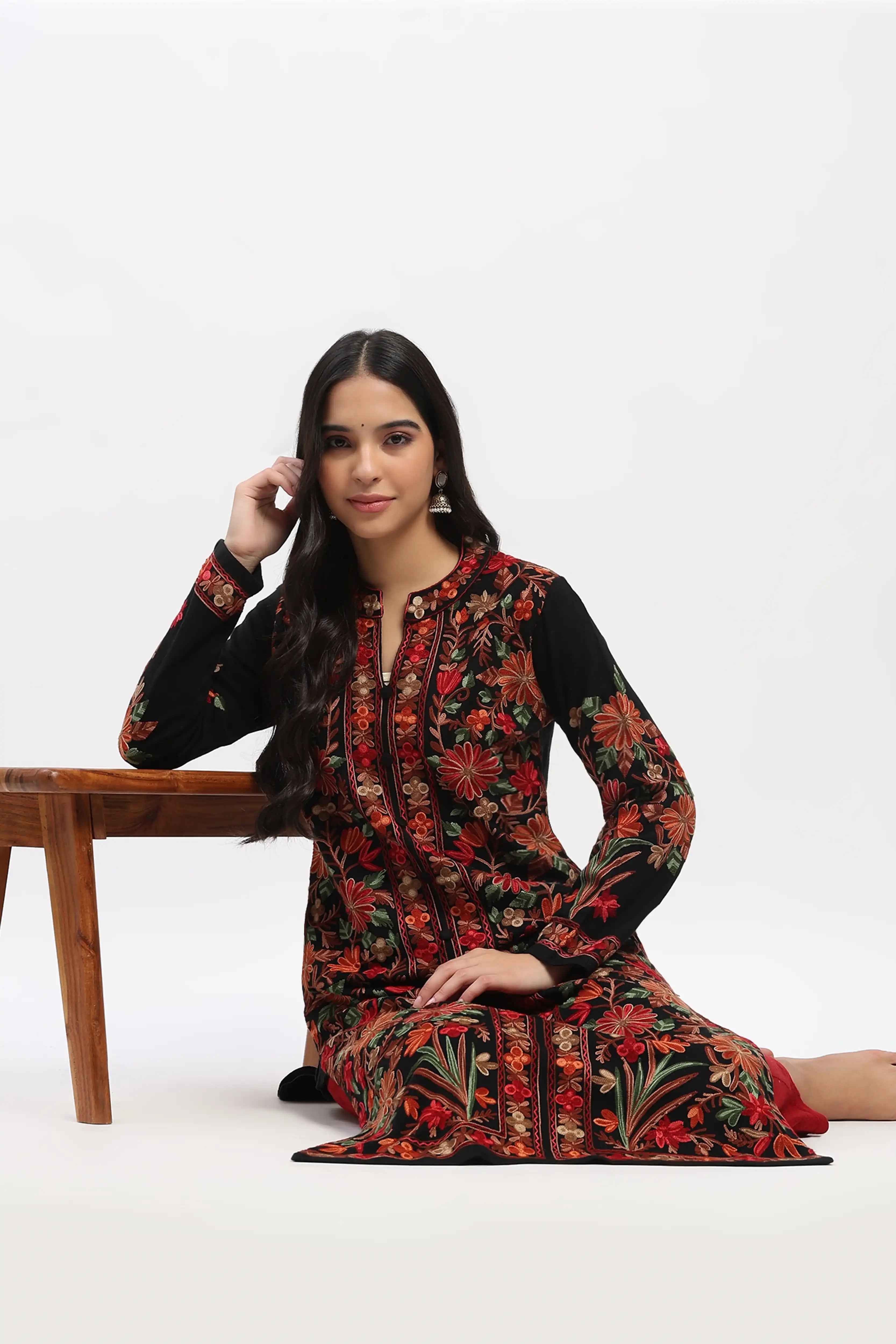 Black Embroidered Winter Kurta