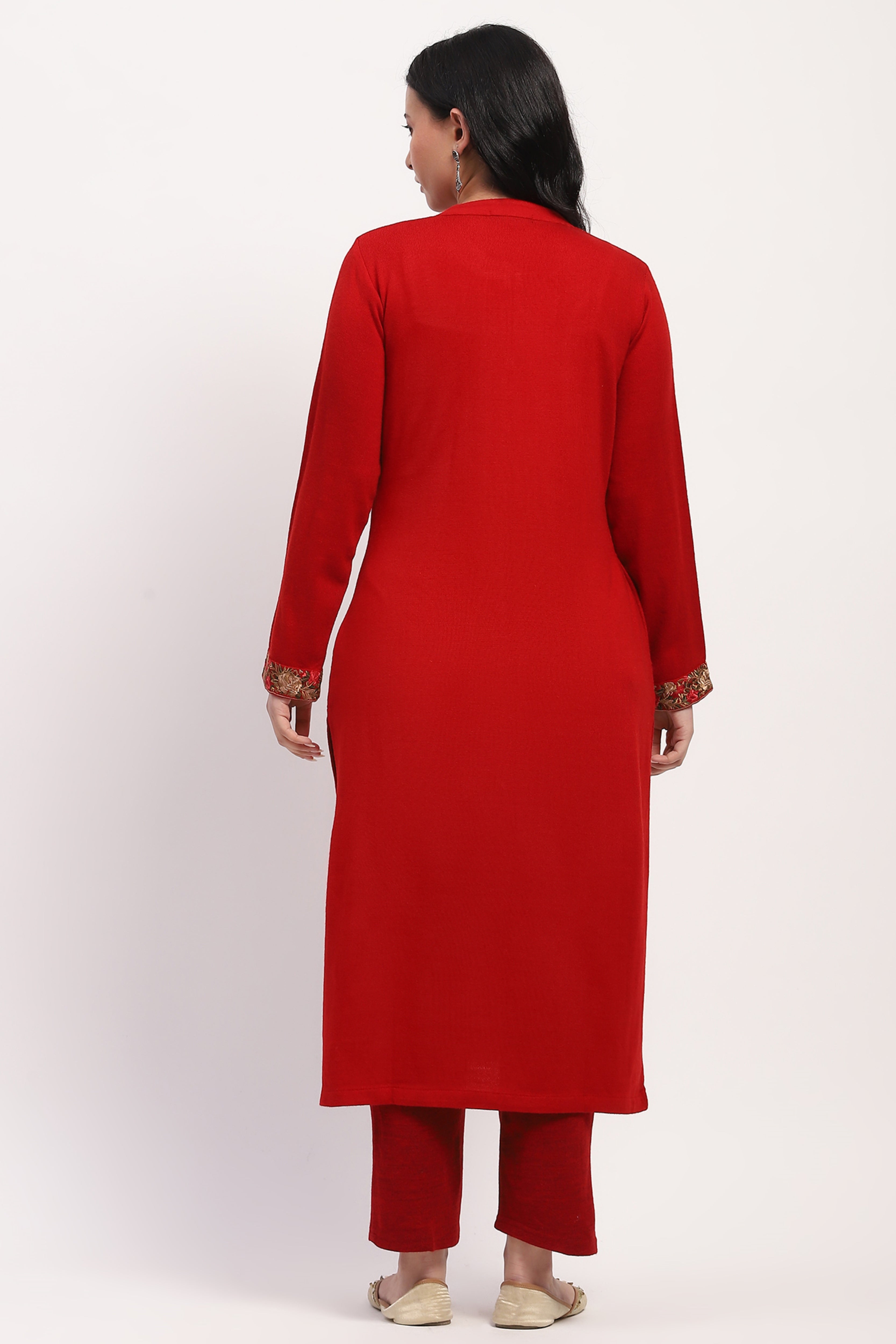 Red Floral Embroidered Winter Kurta
