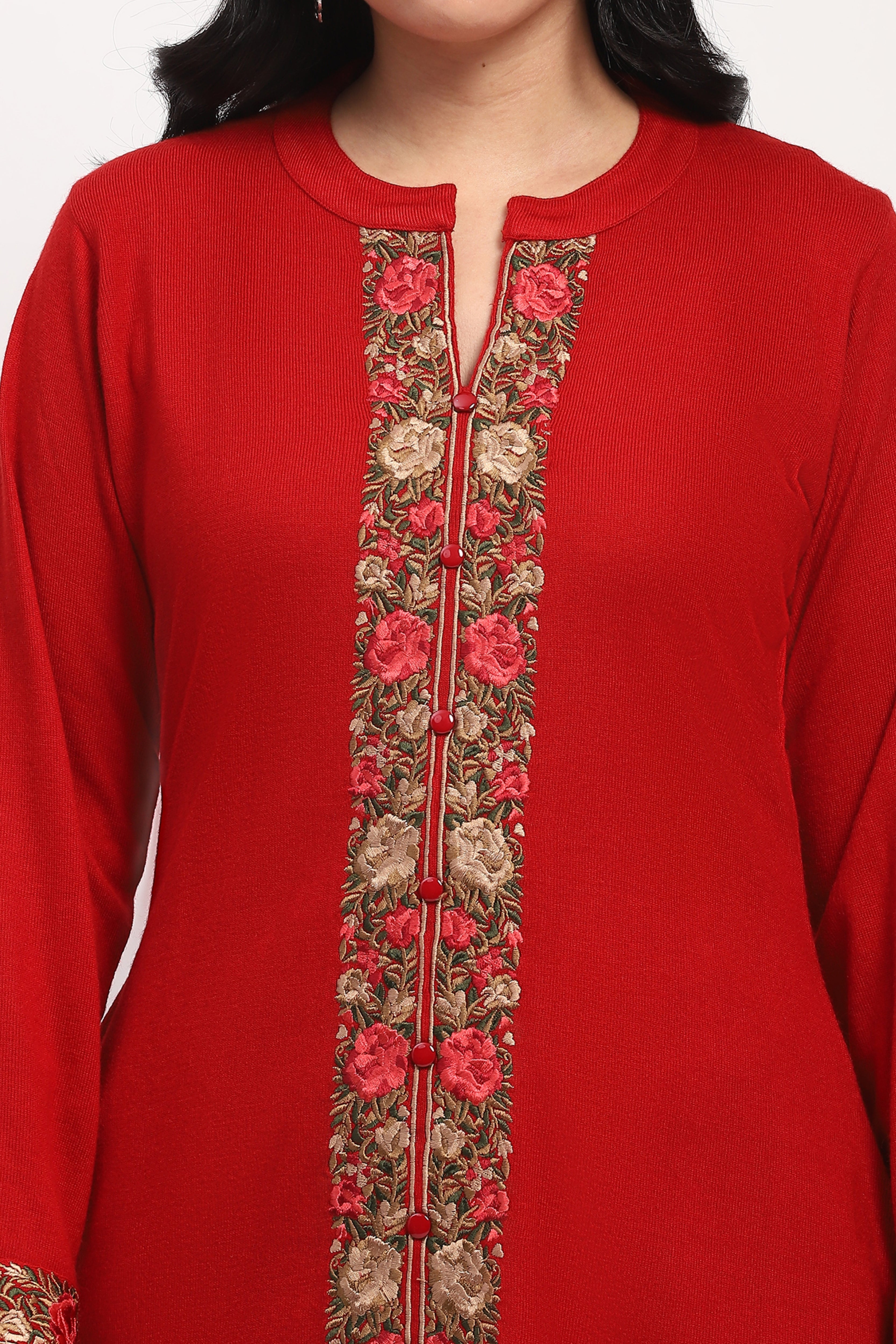 Red Floral Embroidered Winter Kurta