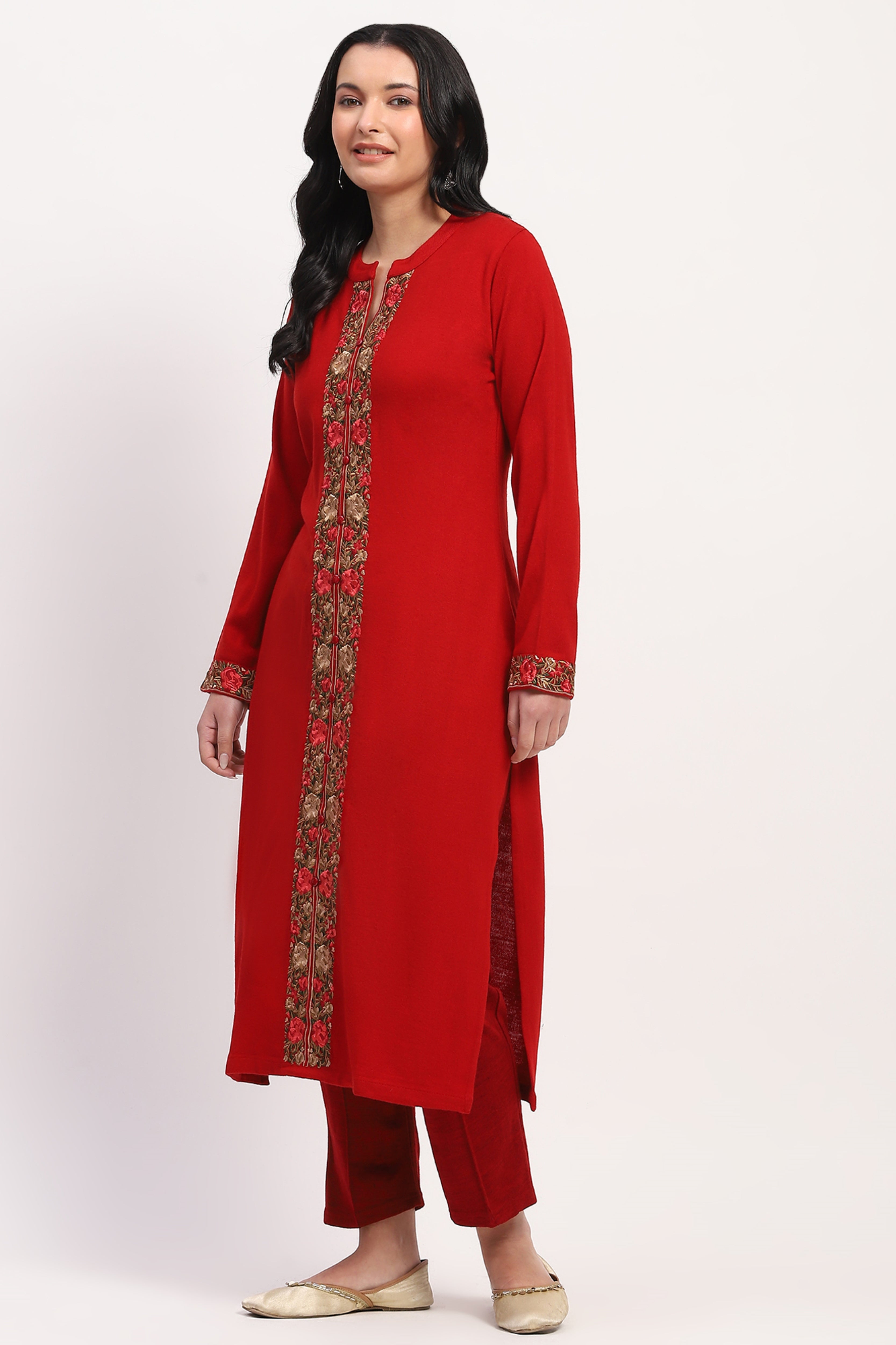 Red Floral Embroidered Winter Kurta