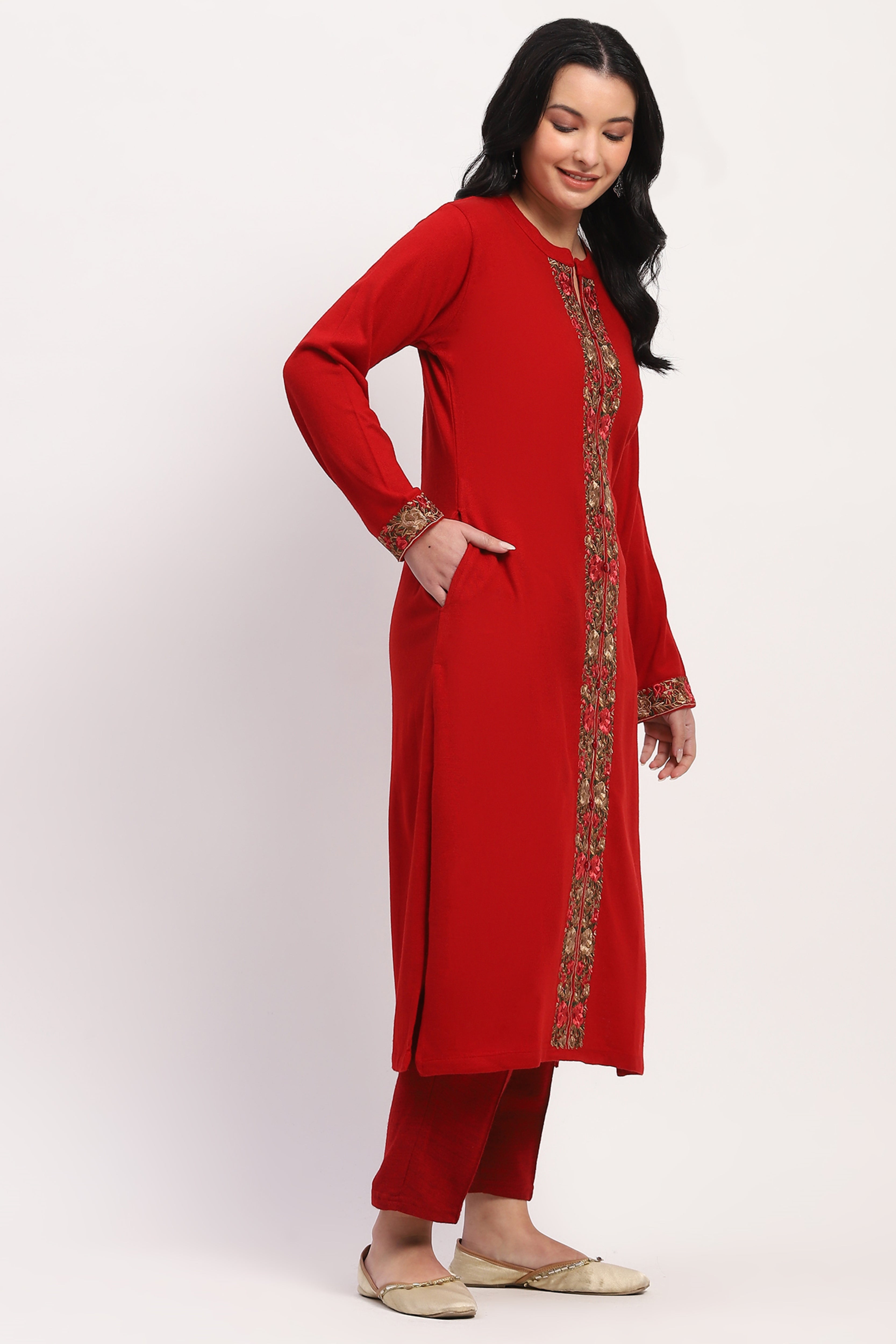 Red Floral Embroidered Winter Kurta
