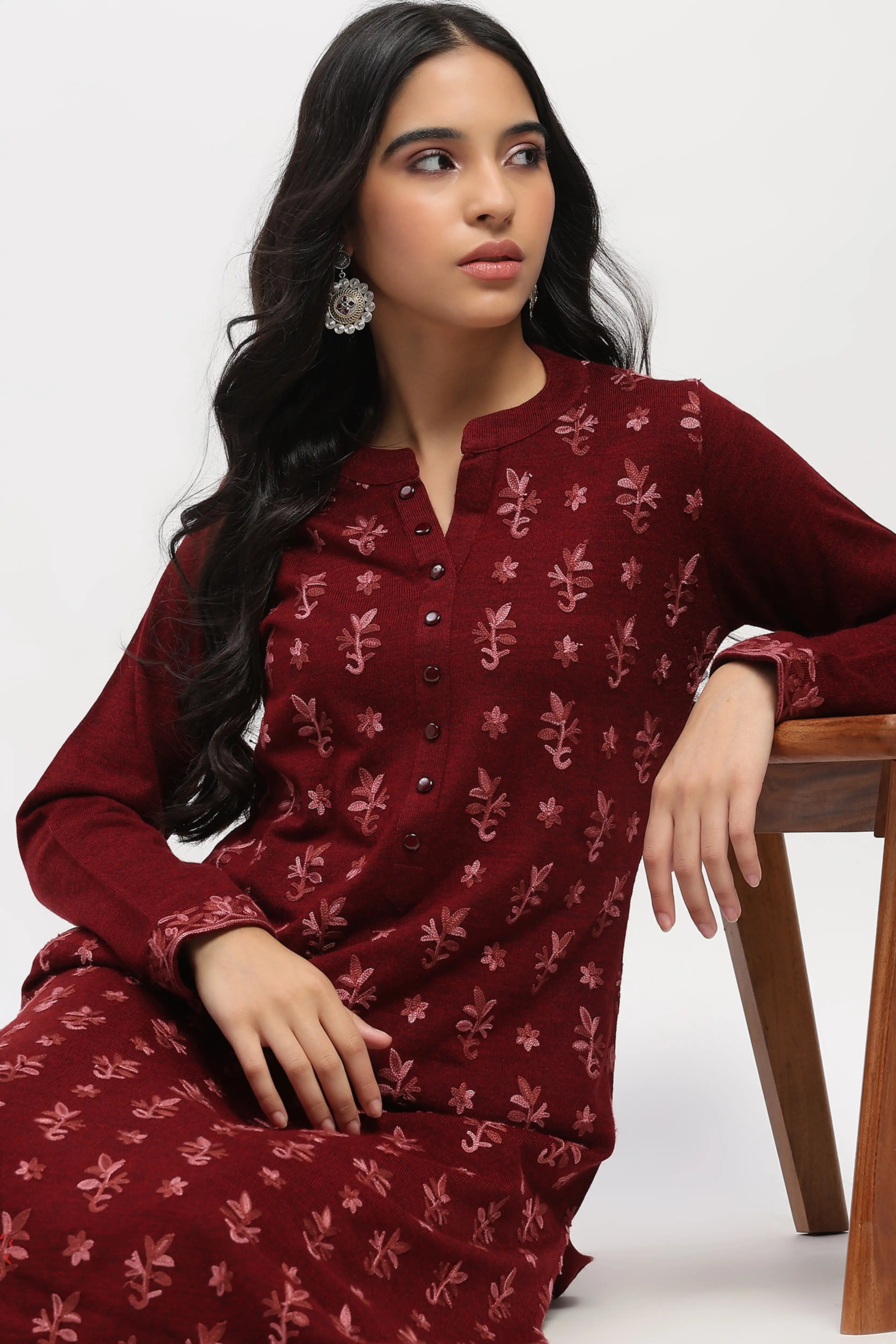 Dark Maroon Floral Embroidered Winter Kurta