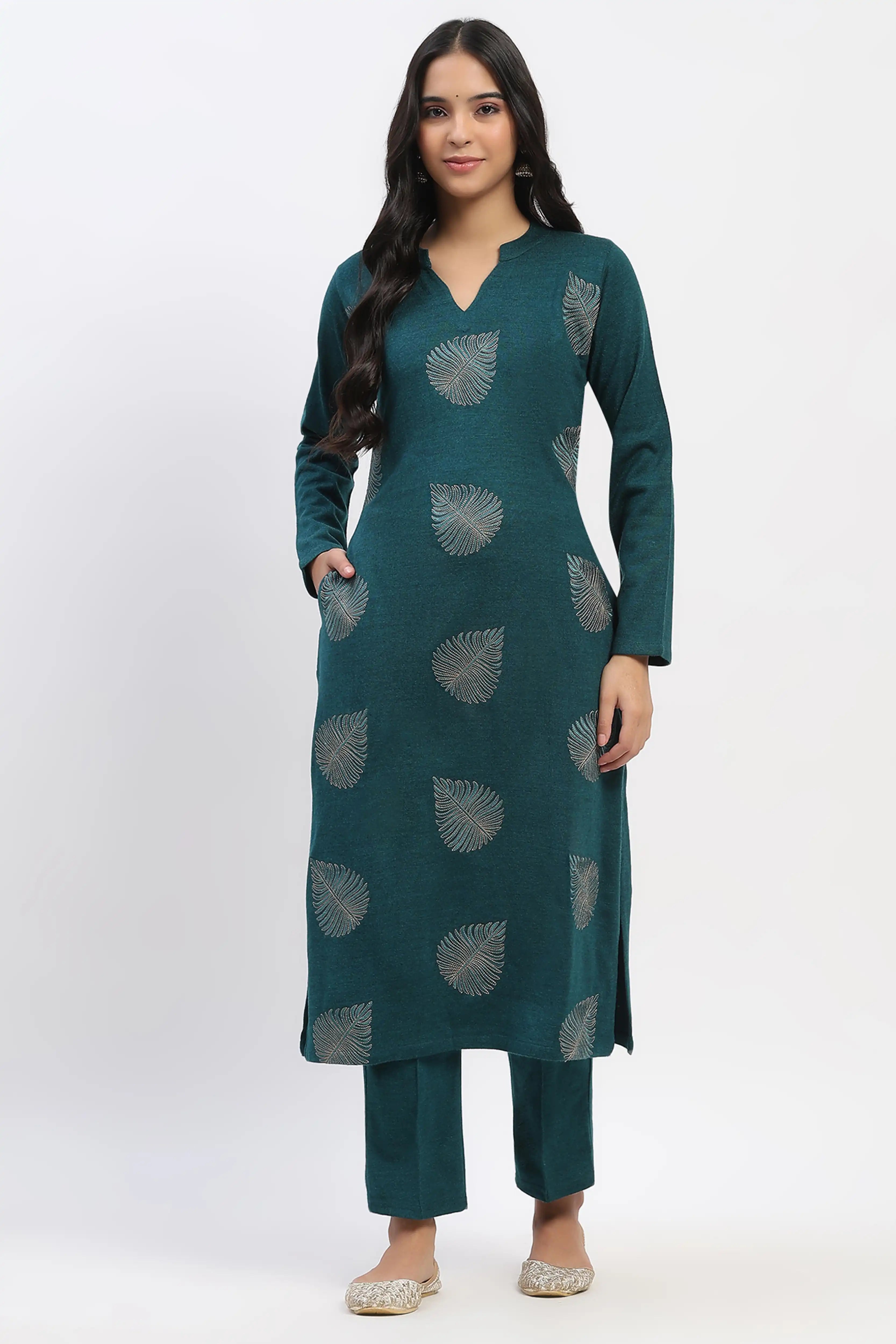 Sea Green Embroidered Winter Kurta