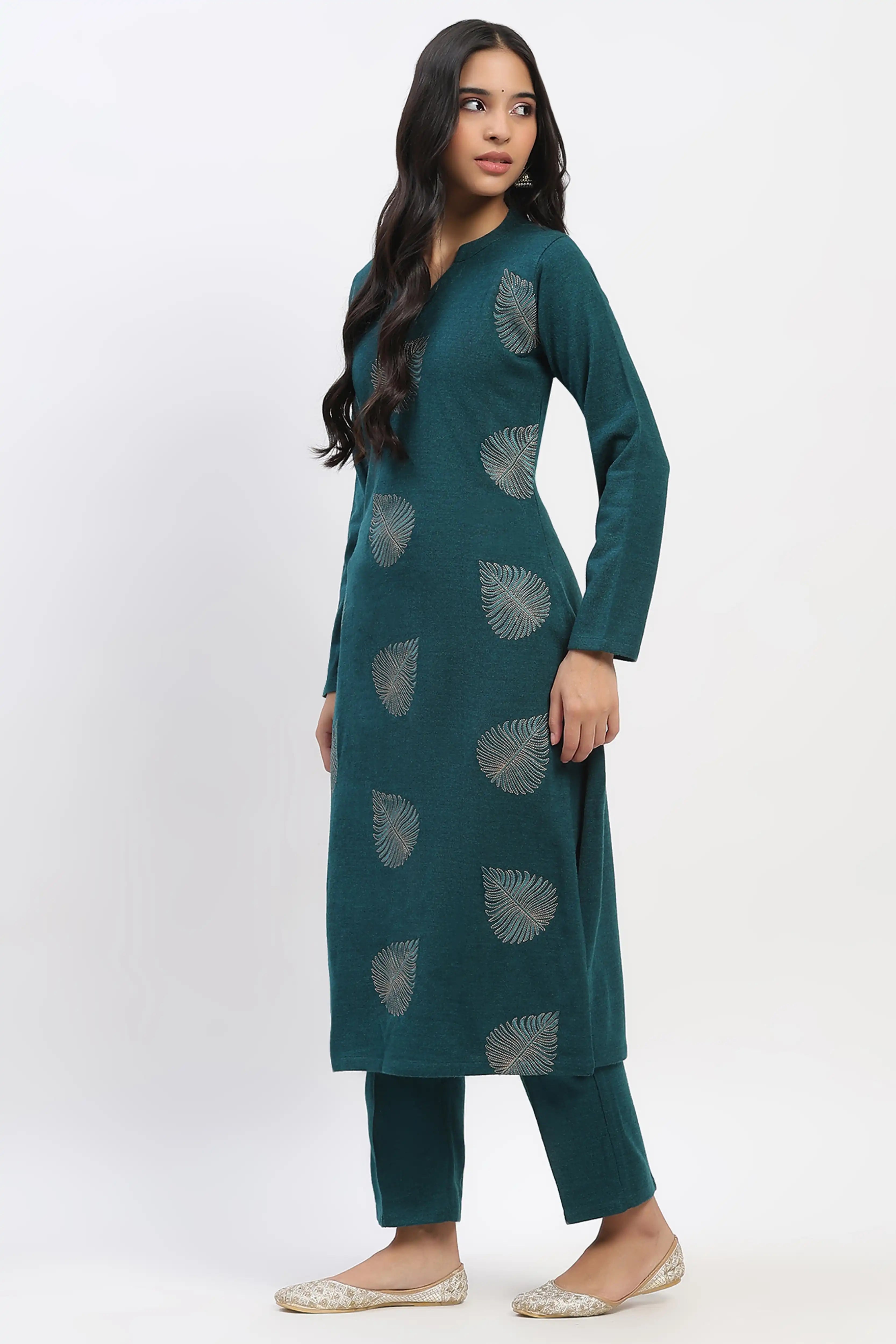 Sea Green Embroidered Winter Kurta