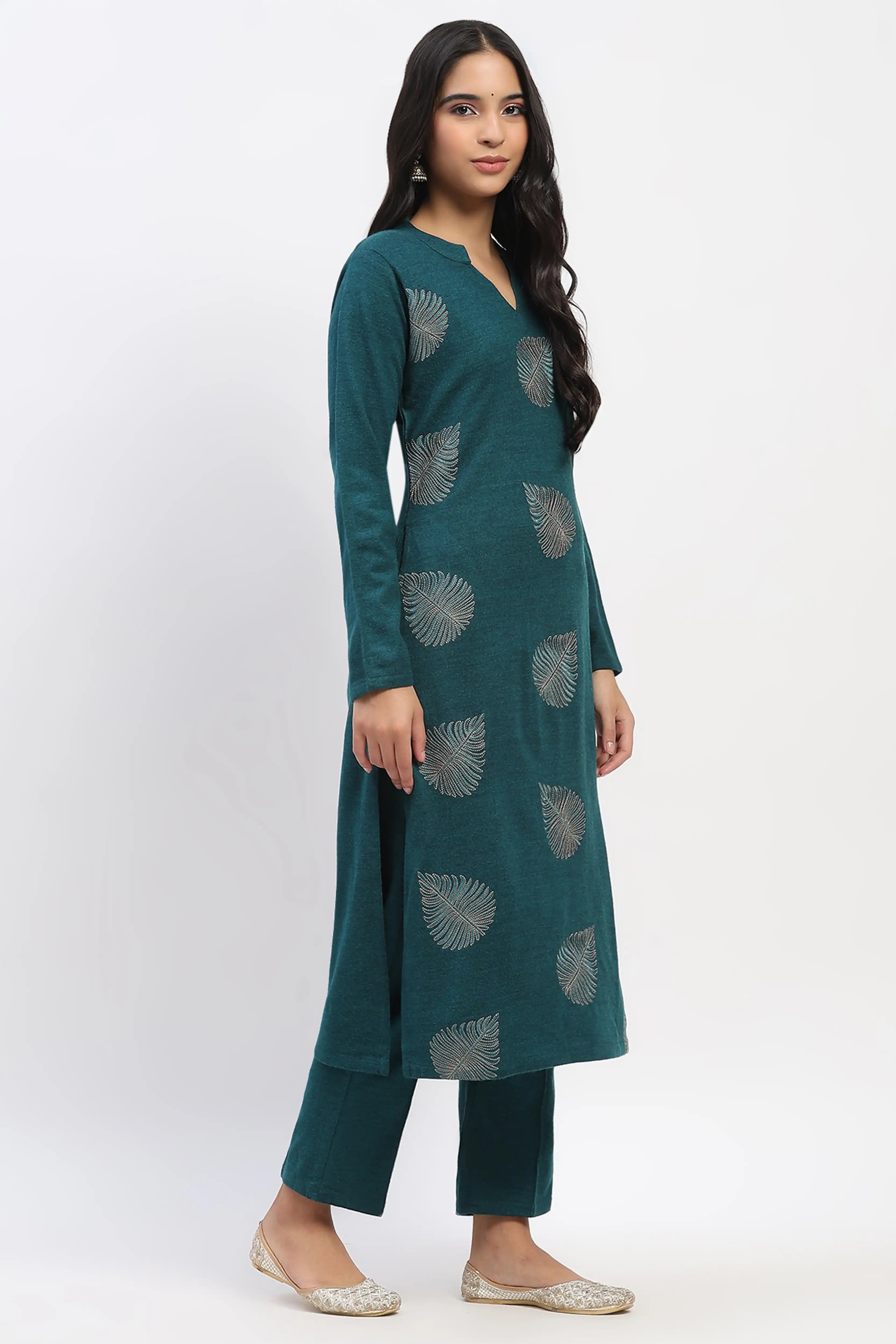 Sea Green Embroidered Winter Kurta