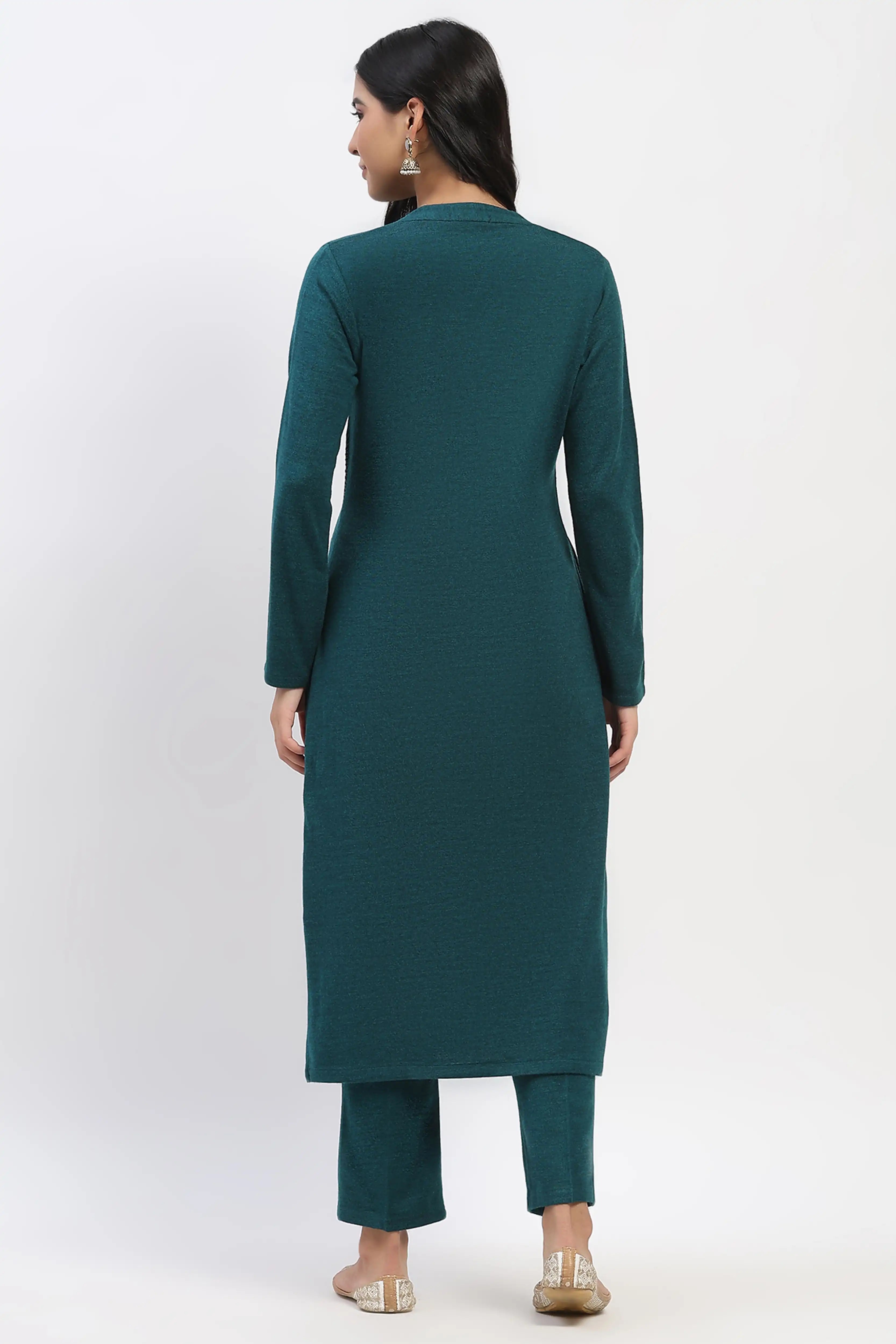 Sea Green Embroidered Winter Kurta