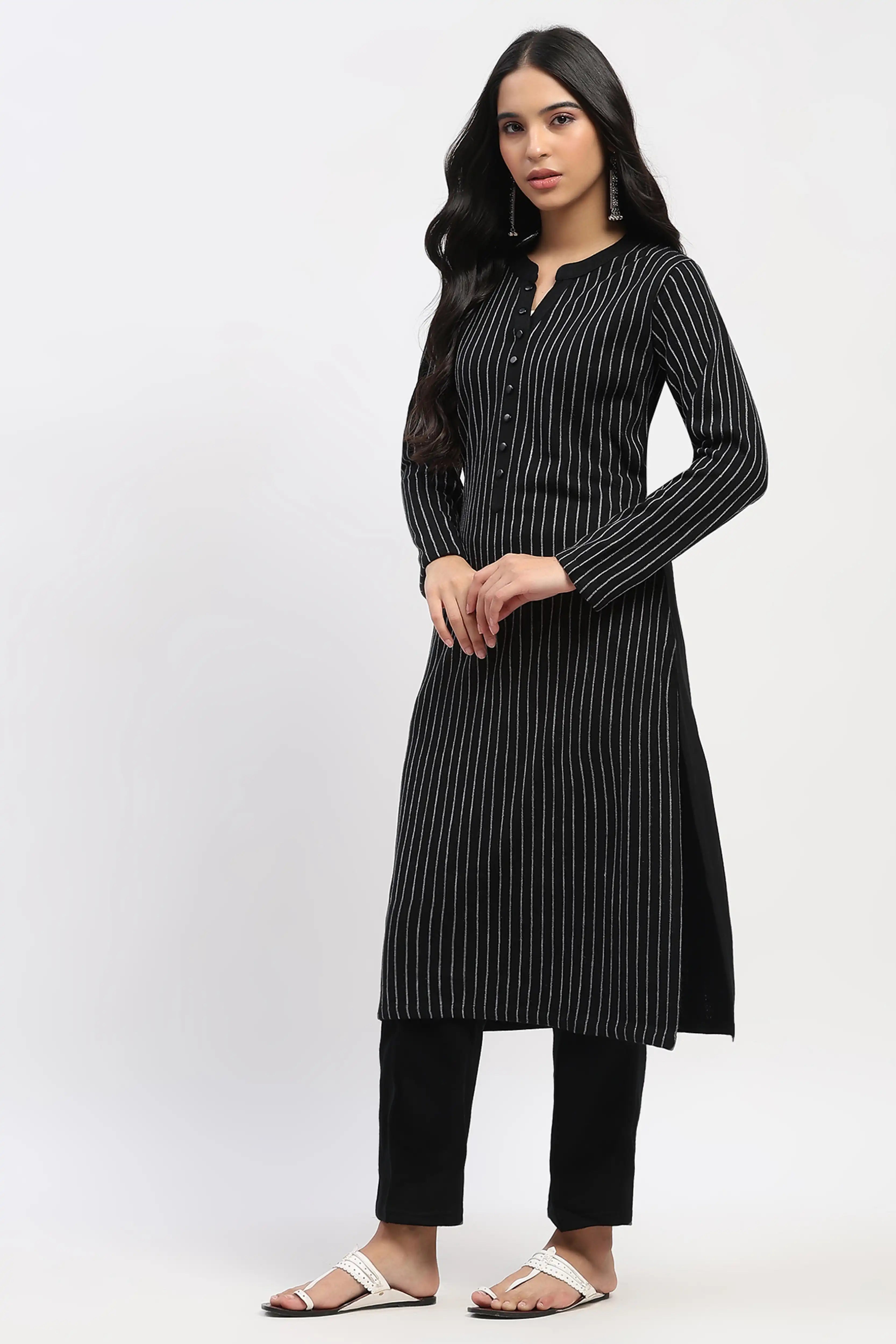 Black Striped Winter Kurta - Global Republic