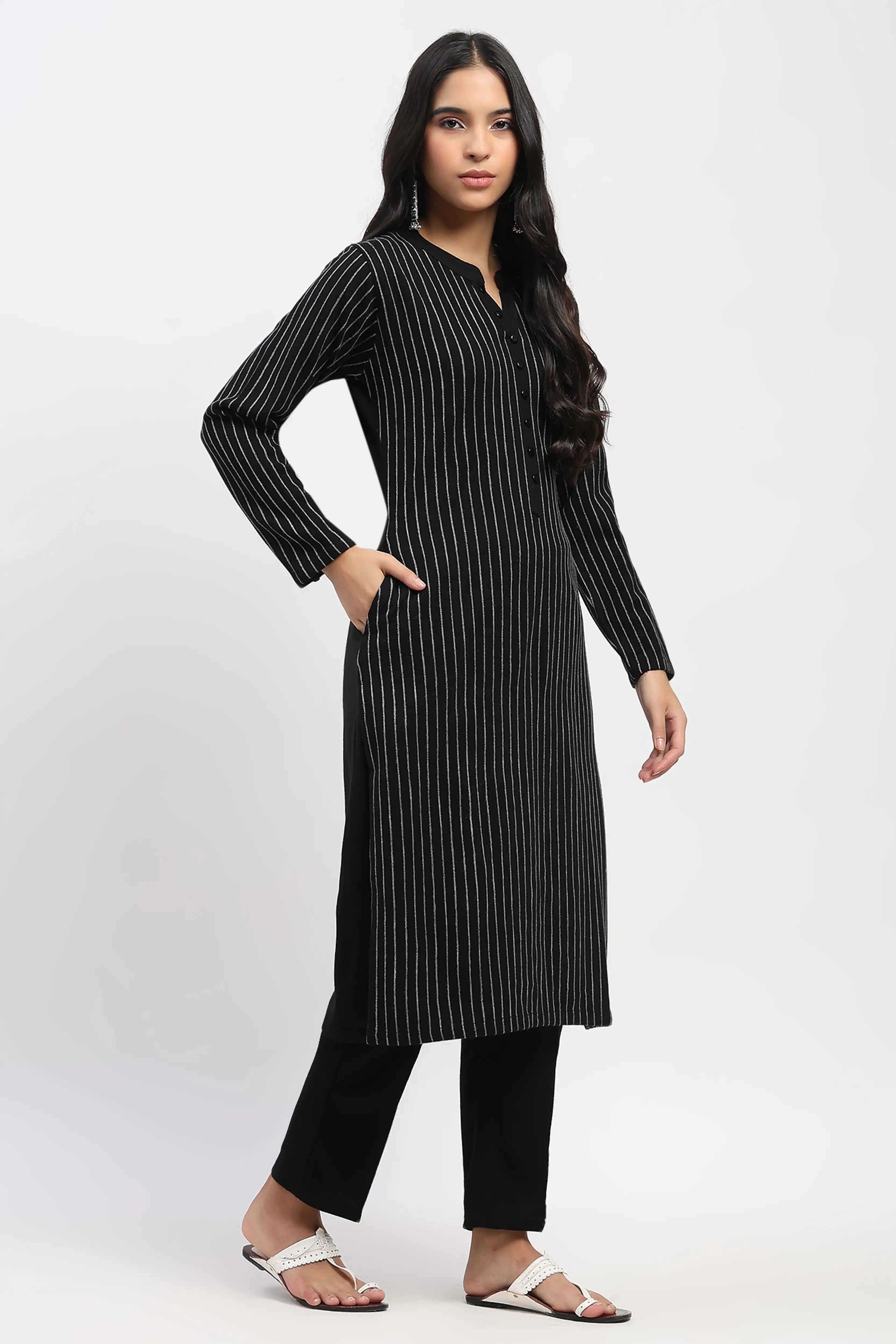 Black Striped Winter Kurta - Global Republic
