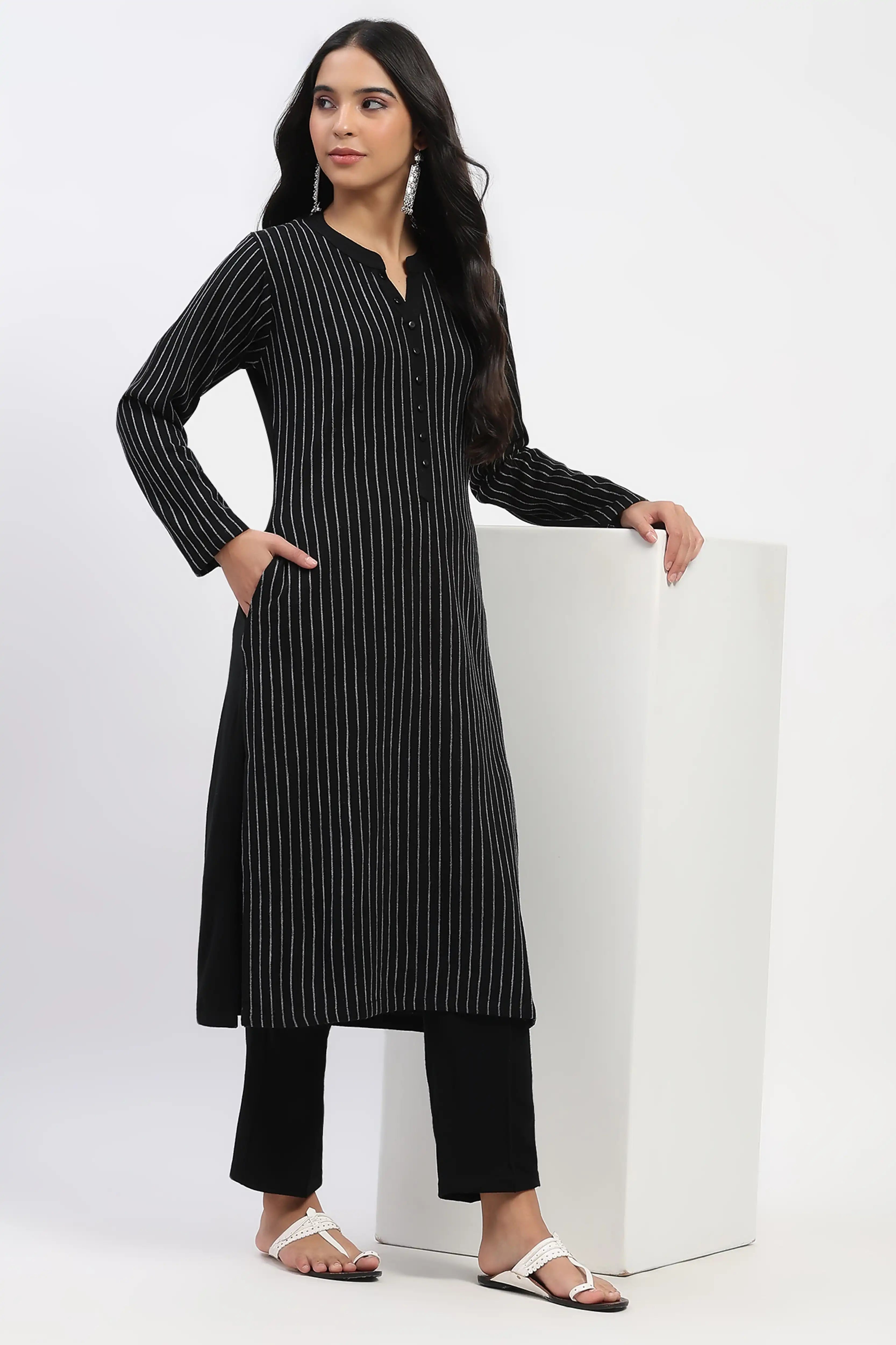 Black Striped Winter Kurta - Global Republic