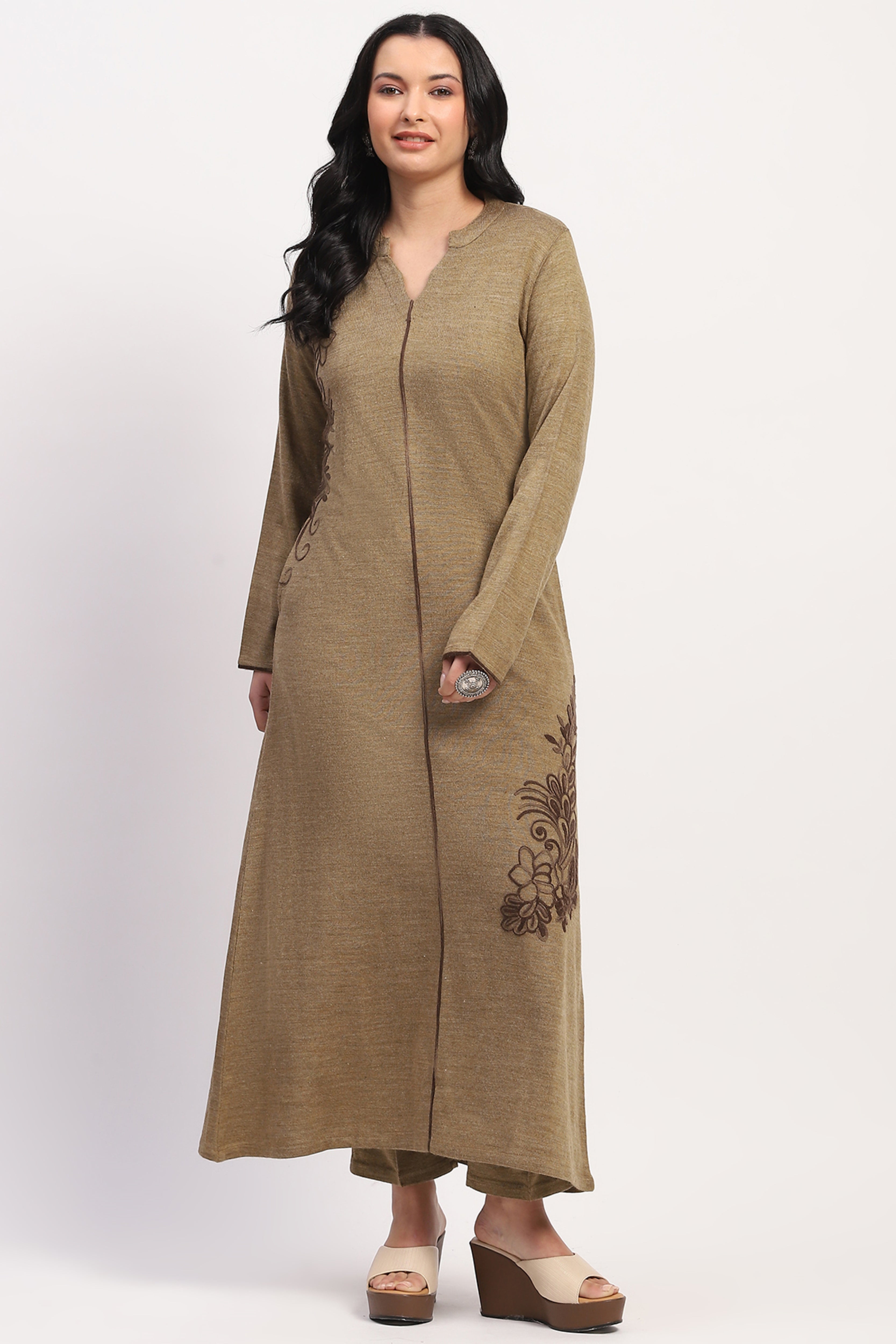 Brown Embroidered Winter Kurta