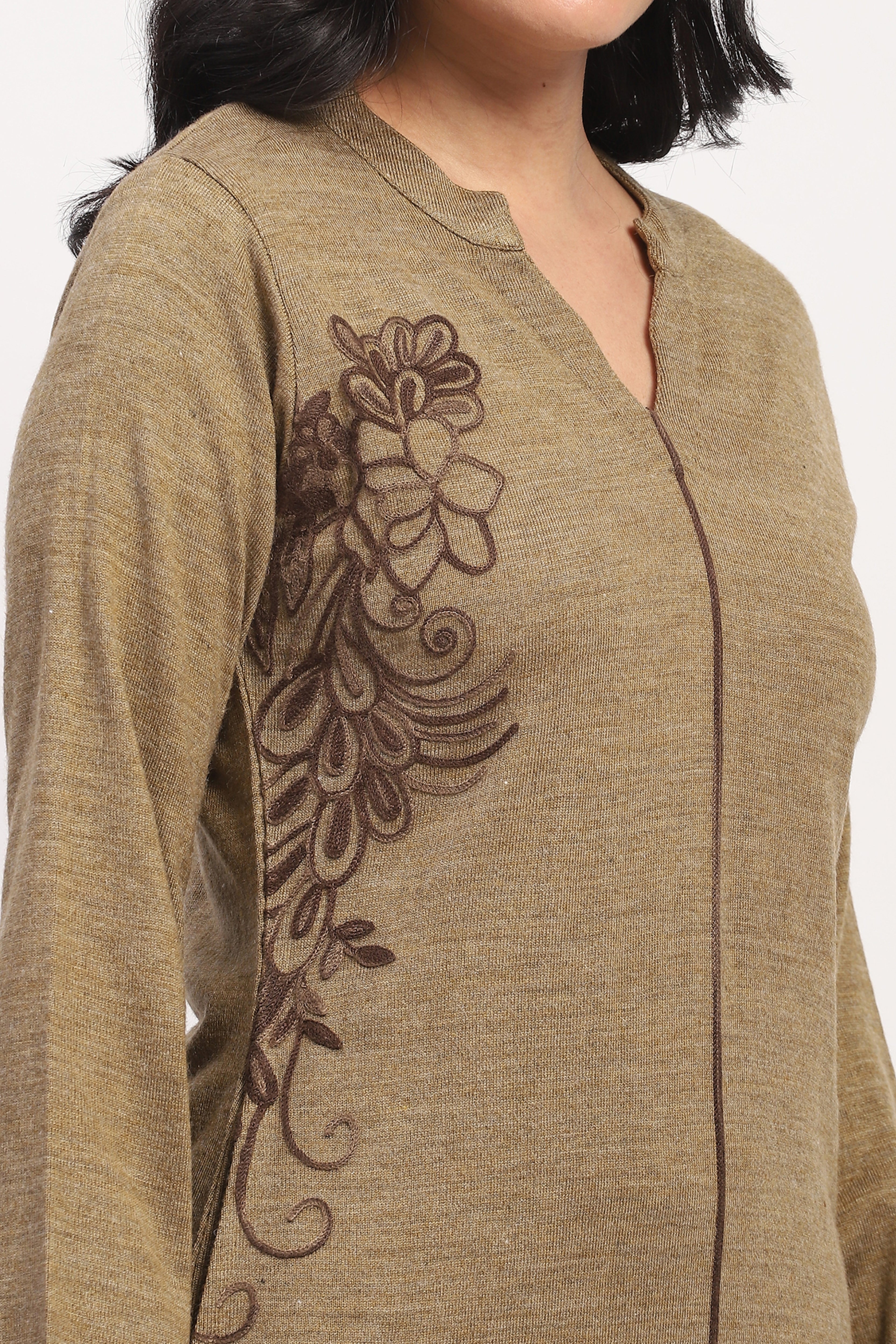 Brown Embroidered Winter Kurta