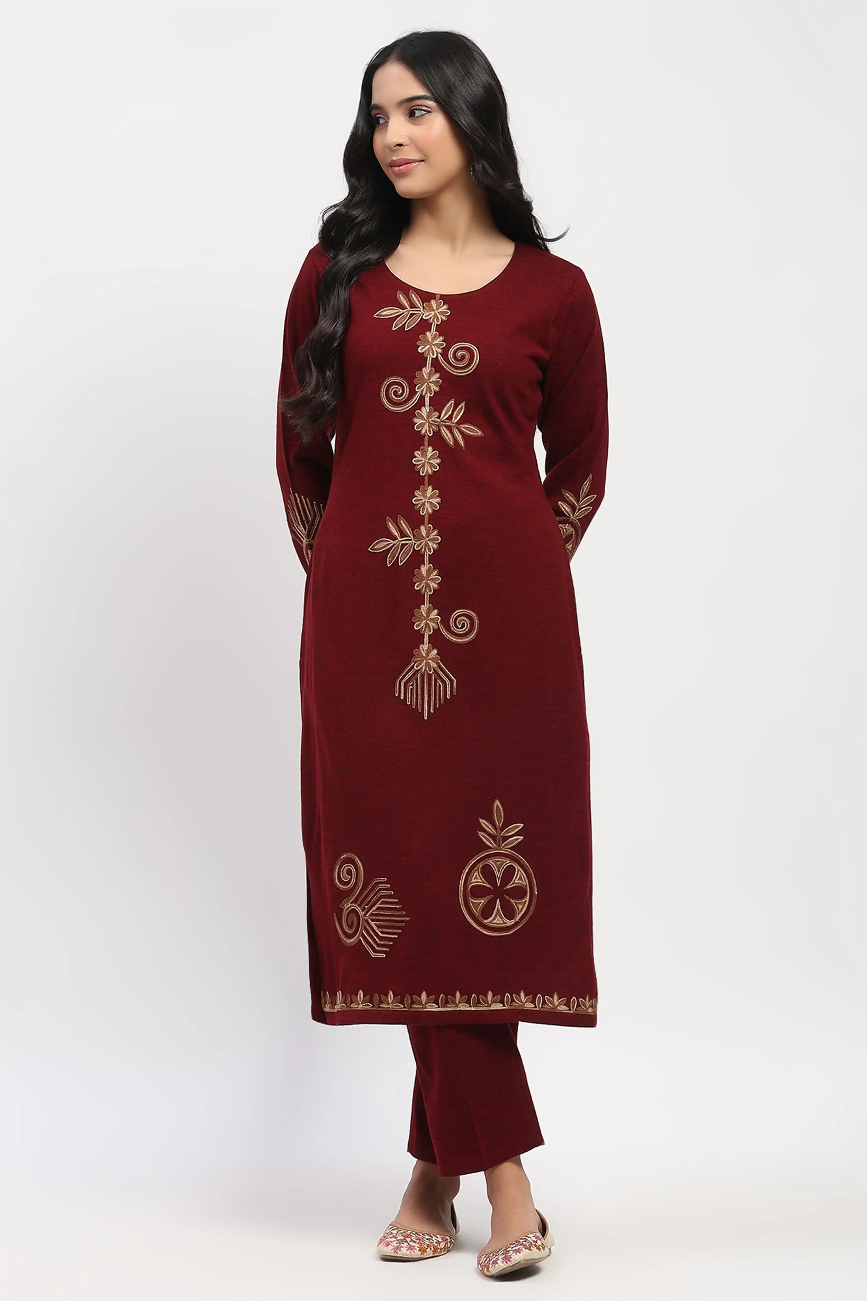 Dark Maroon Embroidered Winter Kurta