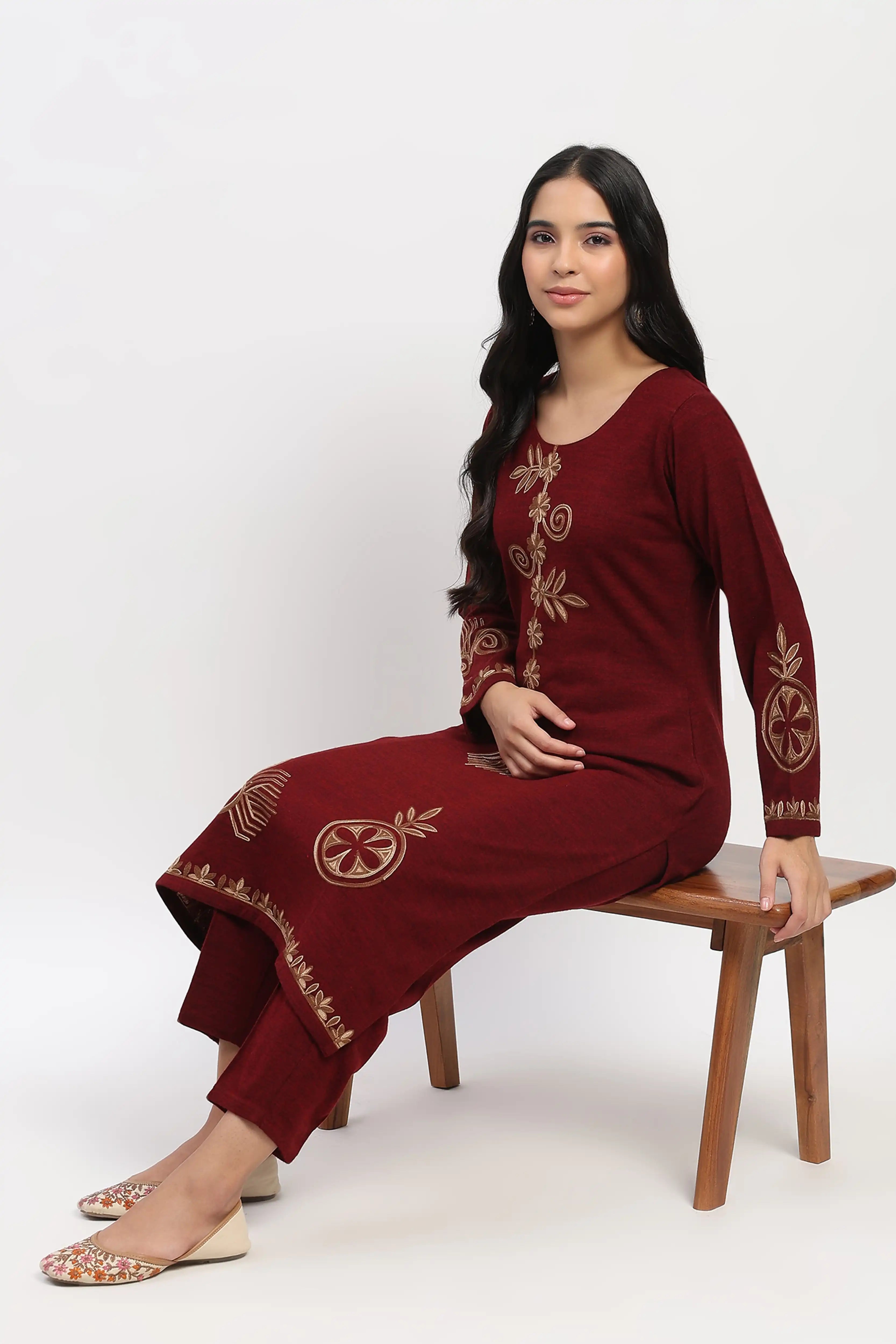 Dark Maroon Embroidered Winter Kurta