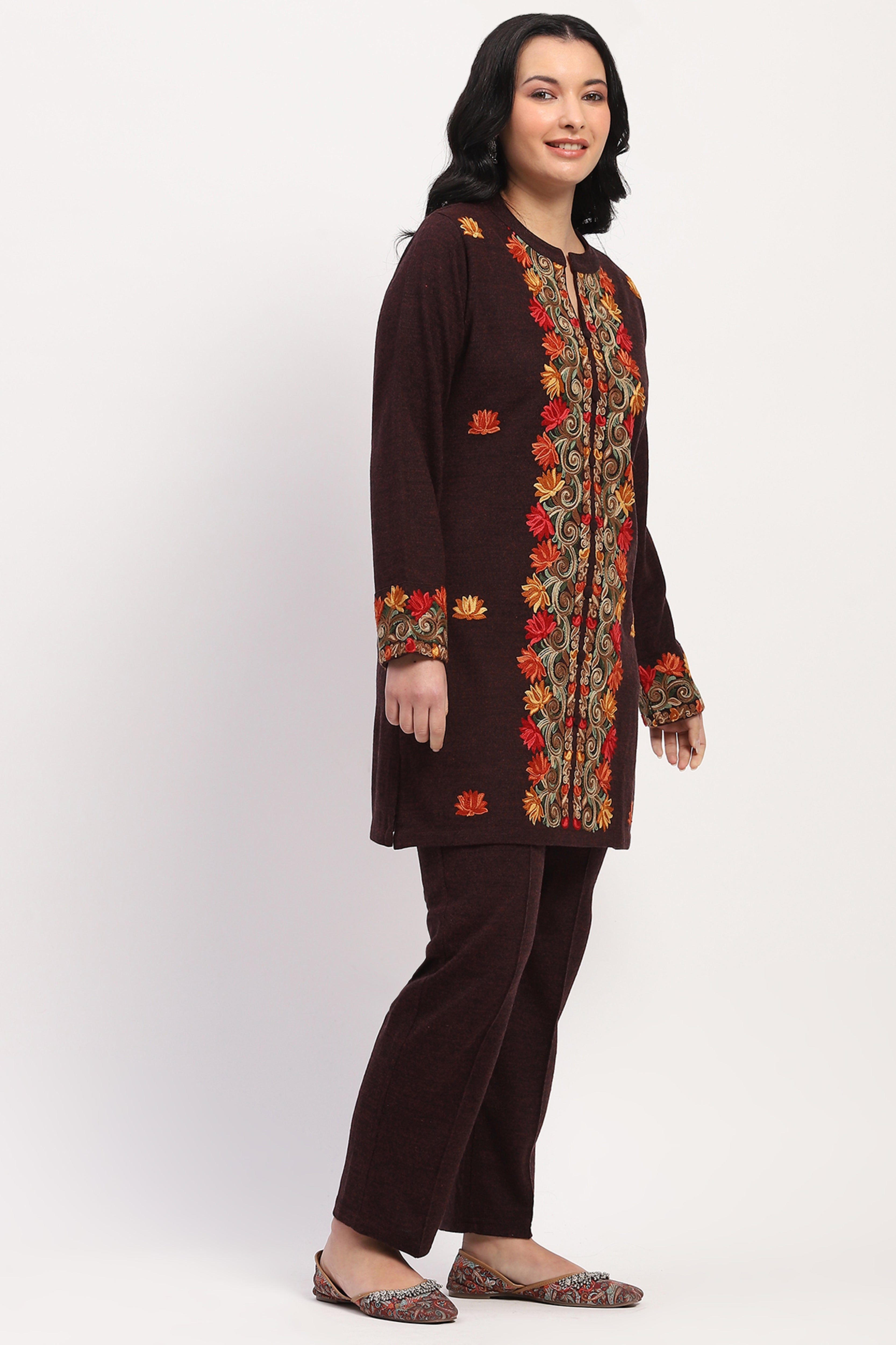 Wine Multicolor Embroidered Ethnic Set