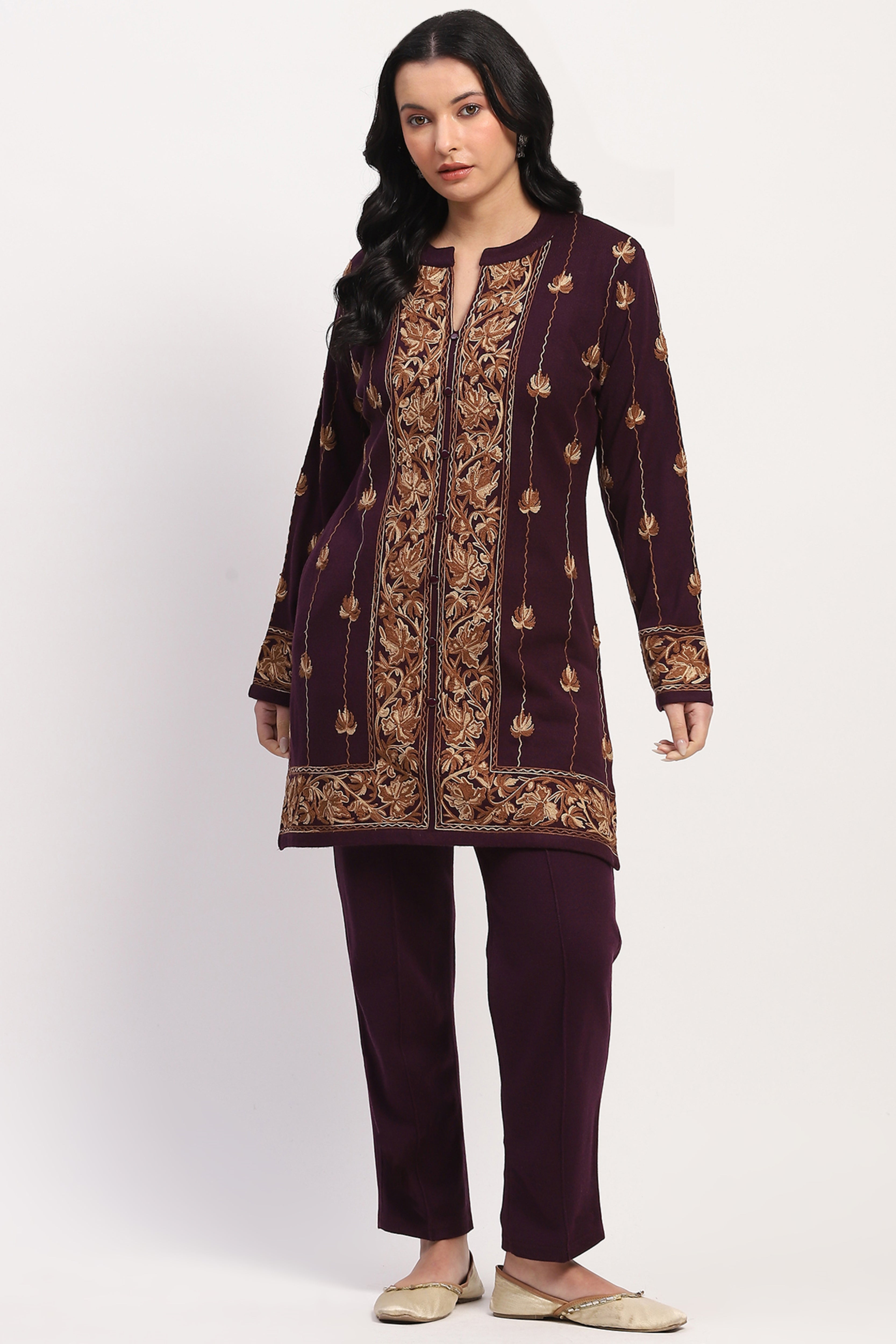 Purple Embroidered Winter Kurta Pant Set