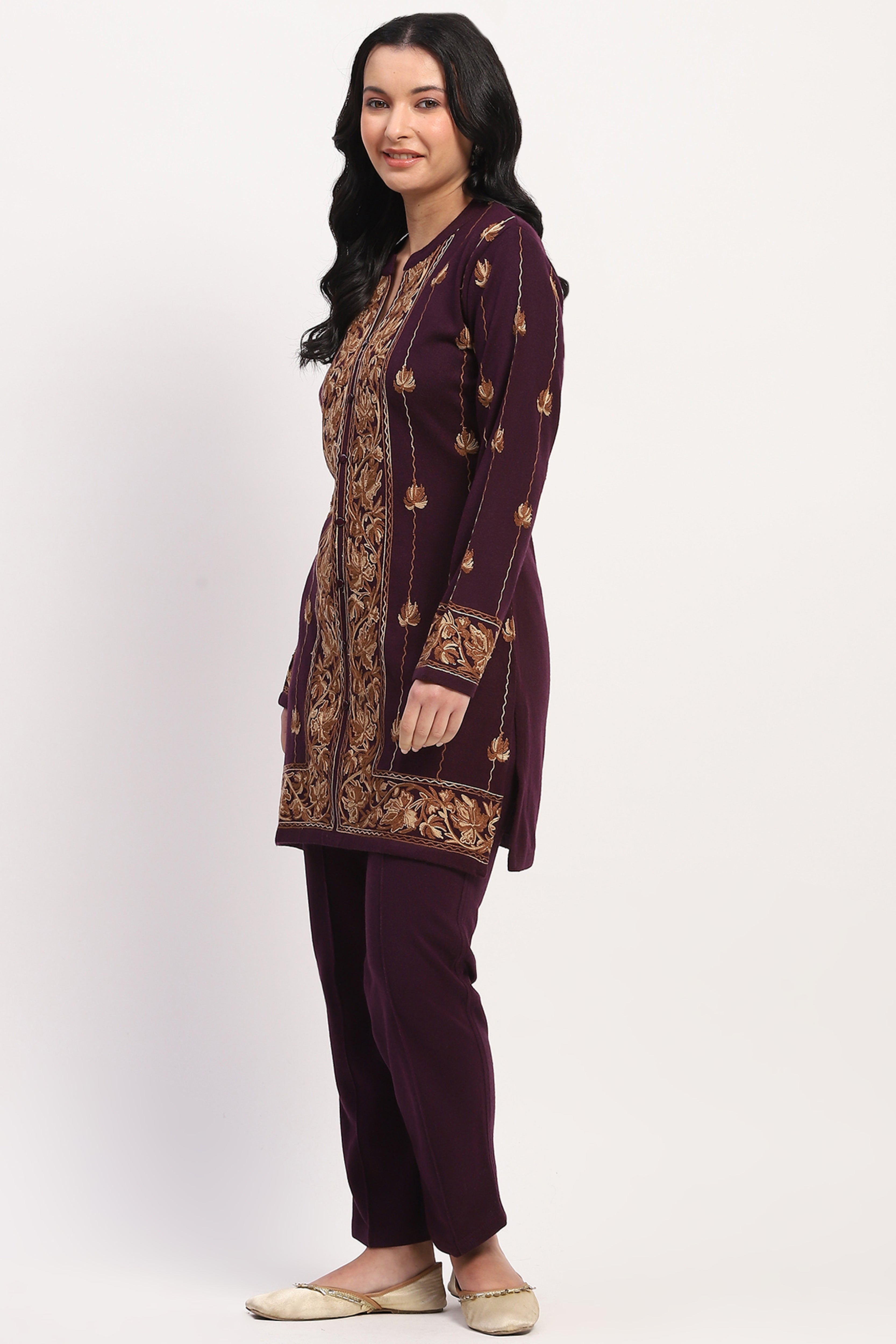 Purple Embroidered Winter Kurta Pant Set