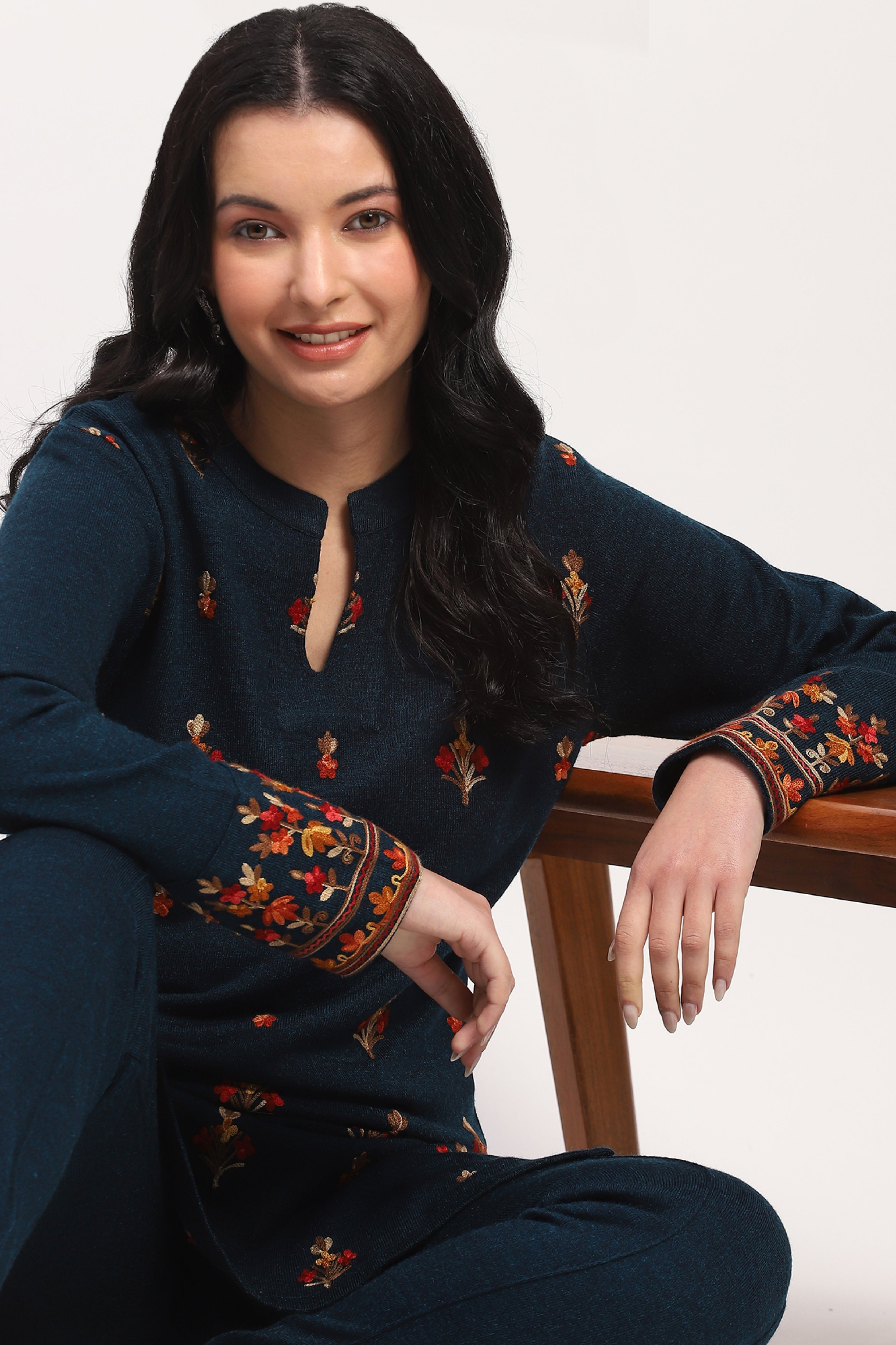 Teal Embroidered Winter Ethnic Set