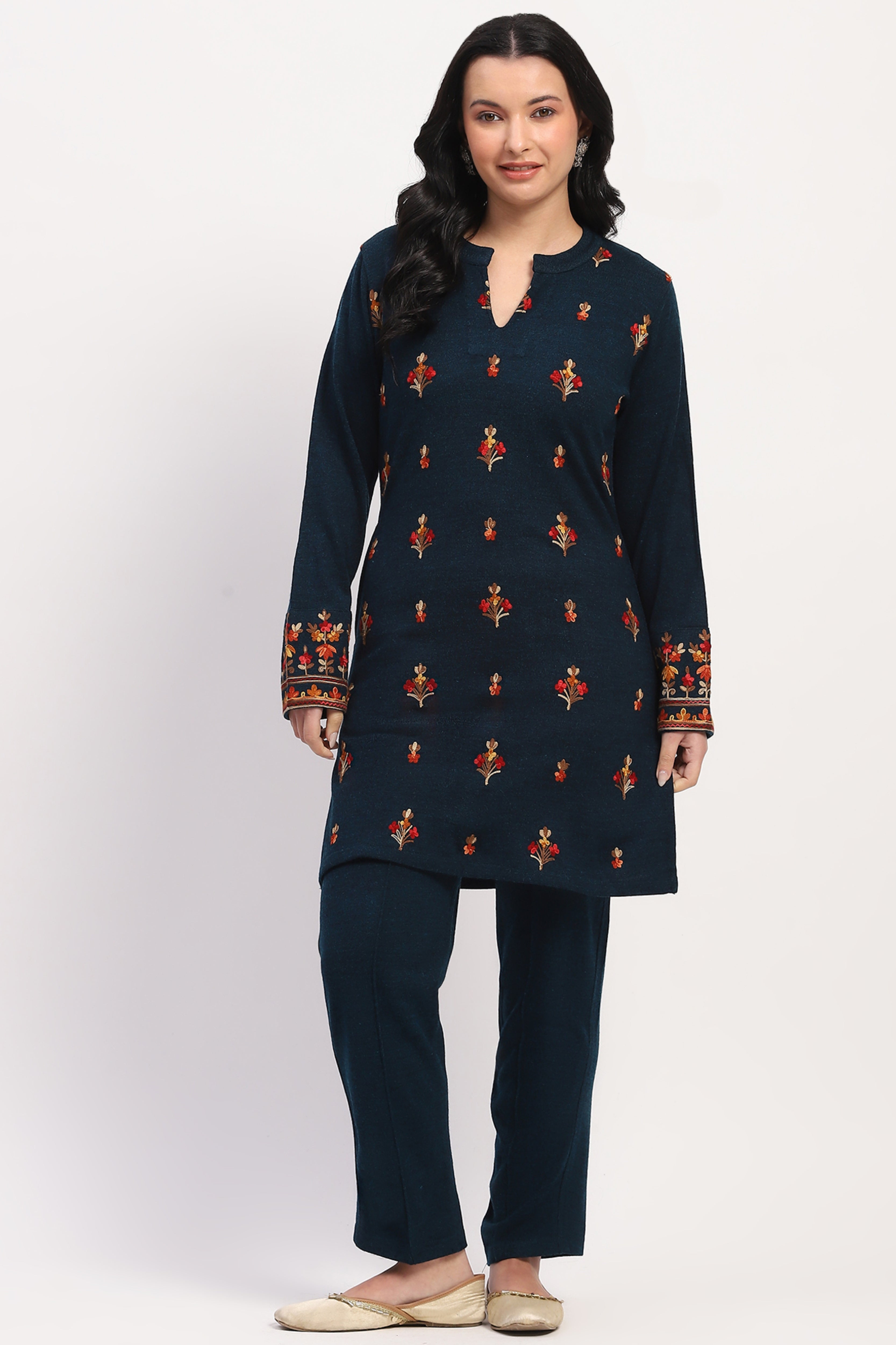Teal Embroidered Winter Ethnic Set