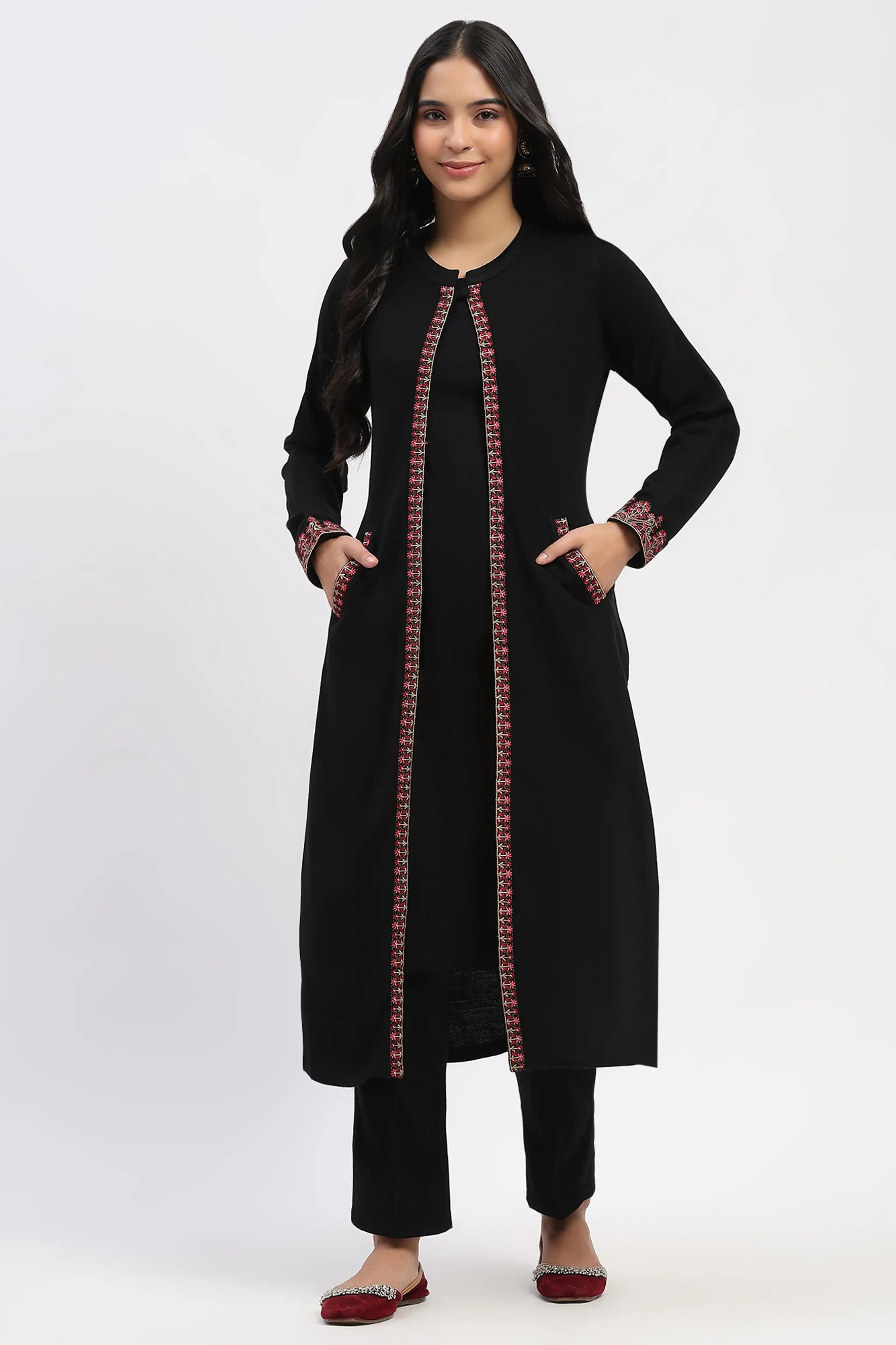 Black Embroidered Three-Piece Winter Set
