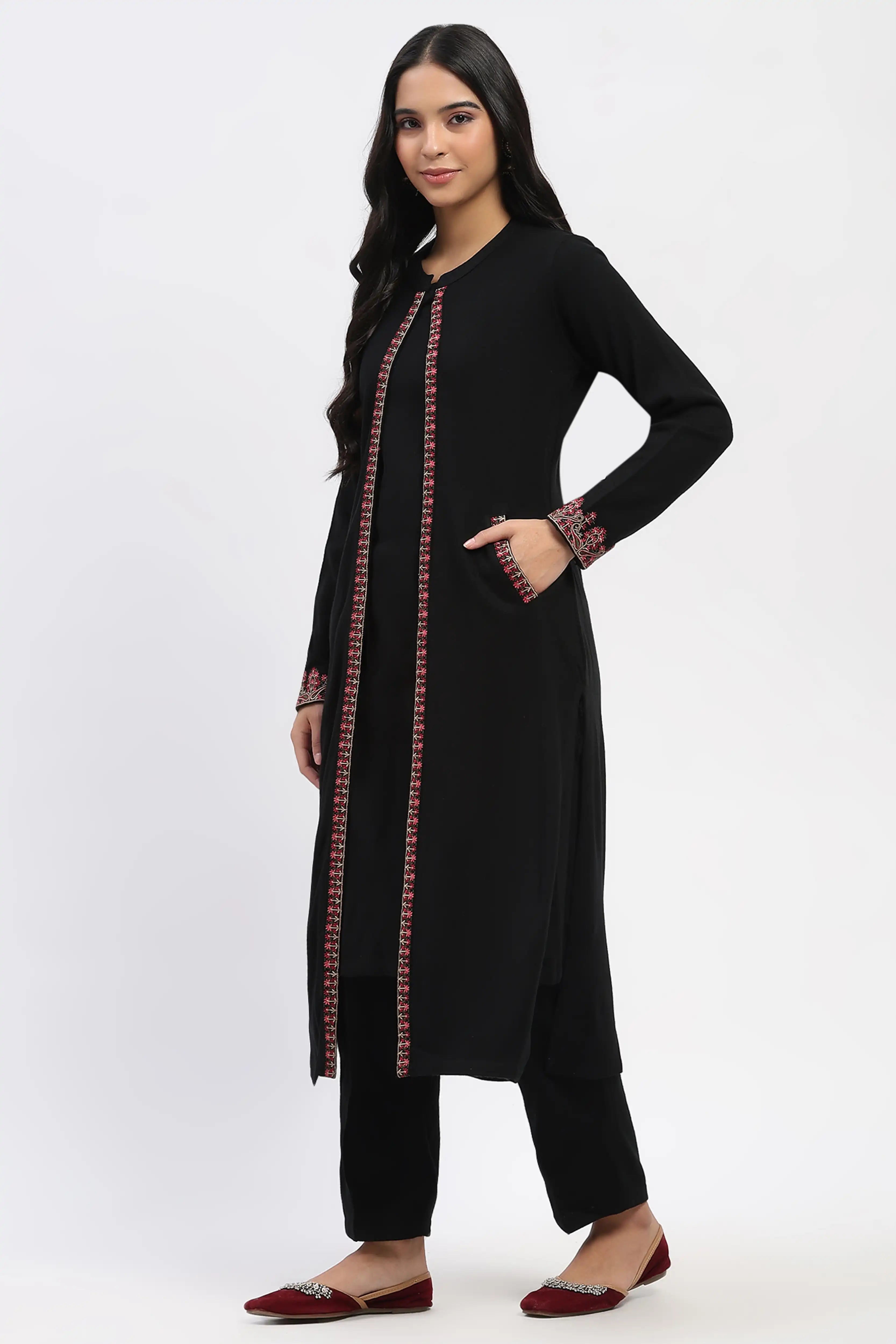 Black Embroidered Three-Piece Winter Set