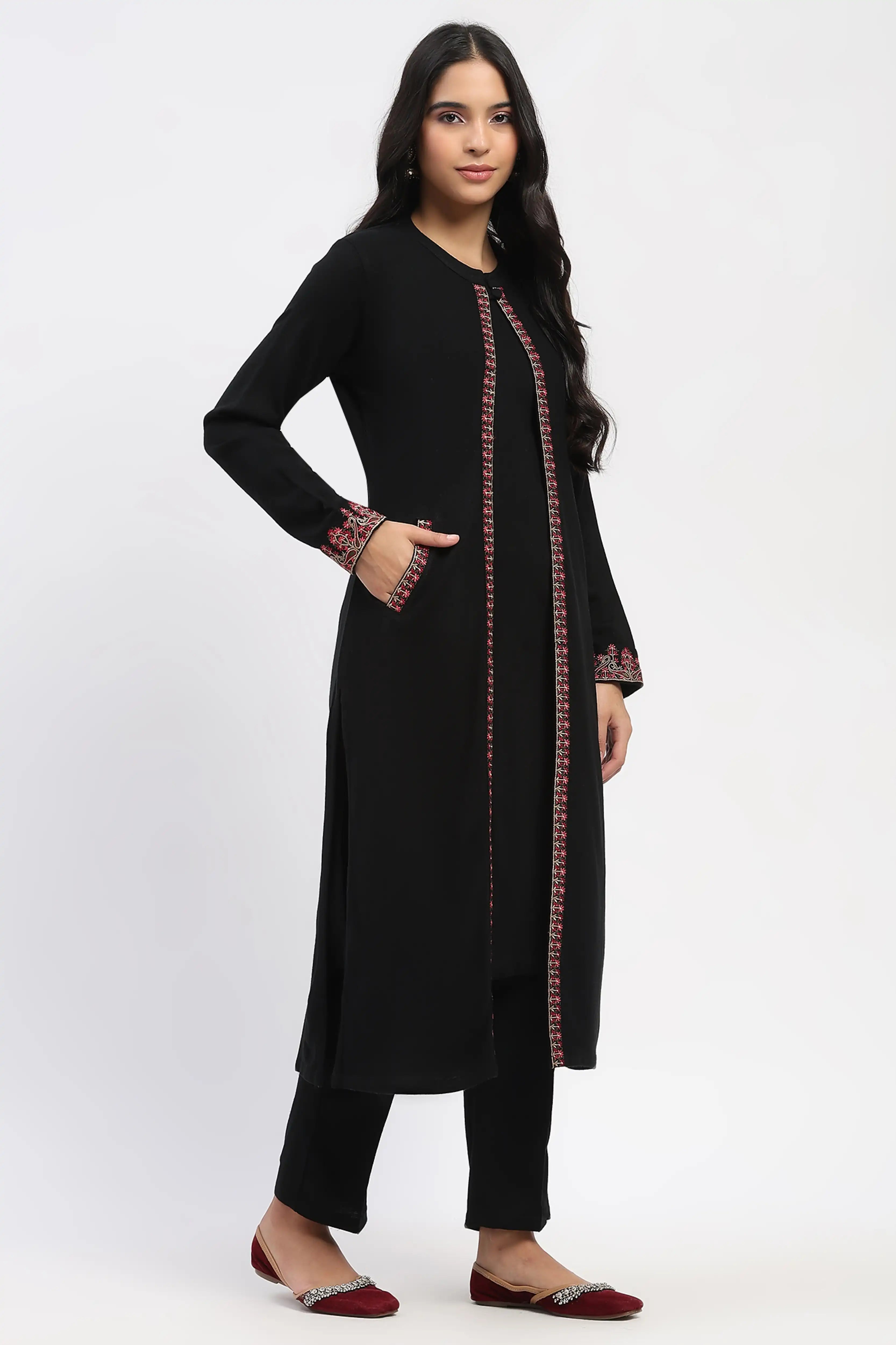 Black Embroidered Three-Piece Winter Set