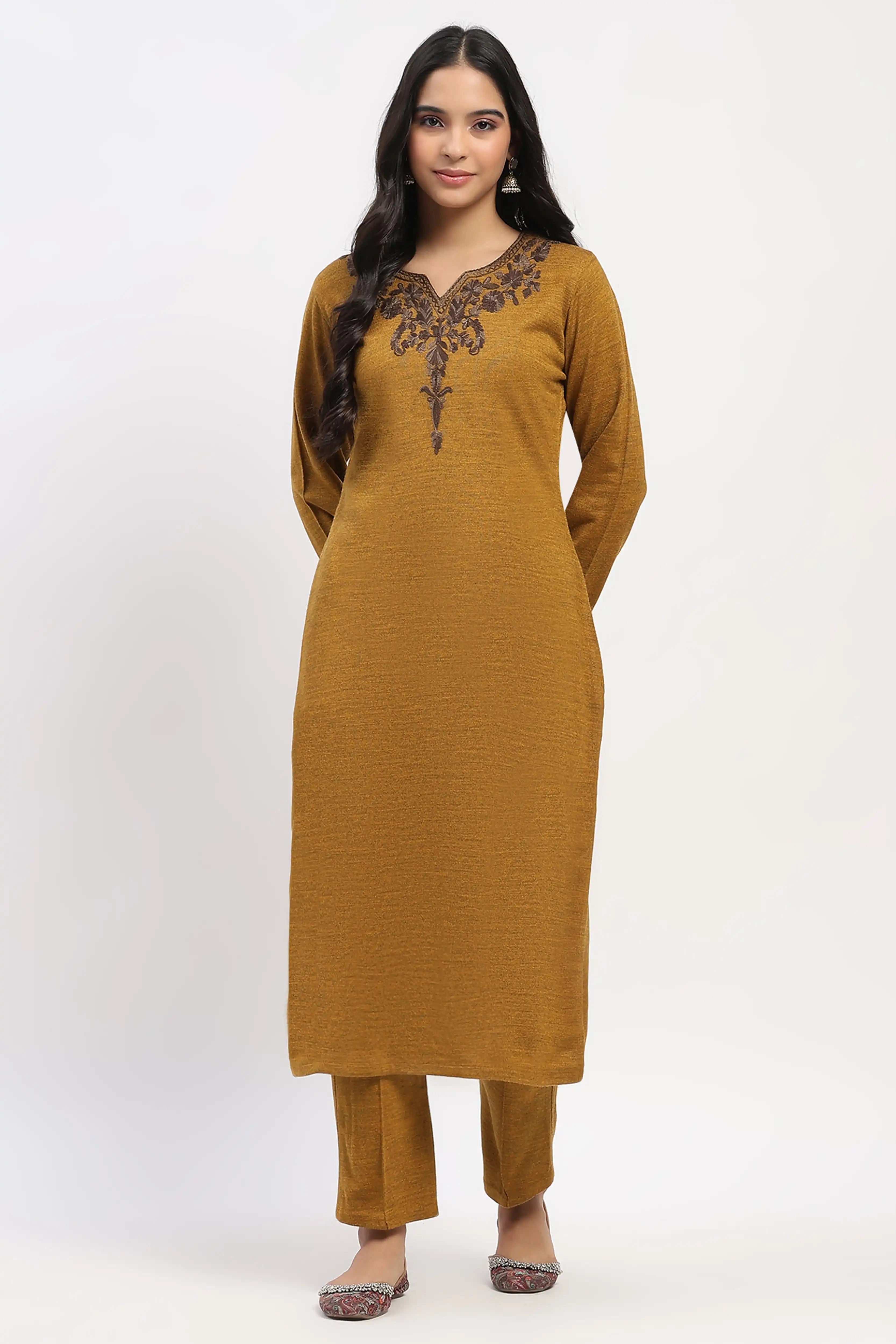 Mustard Floral Embroidered Winter Kurta
